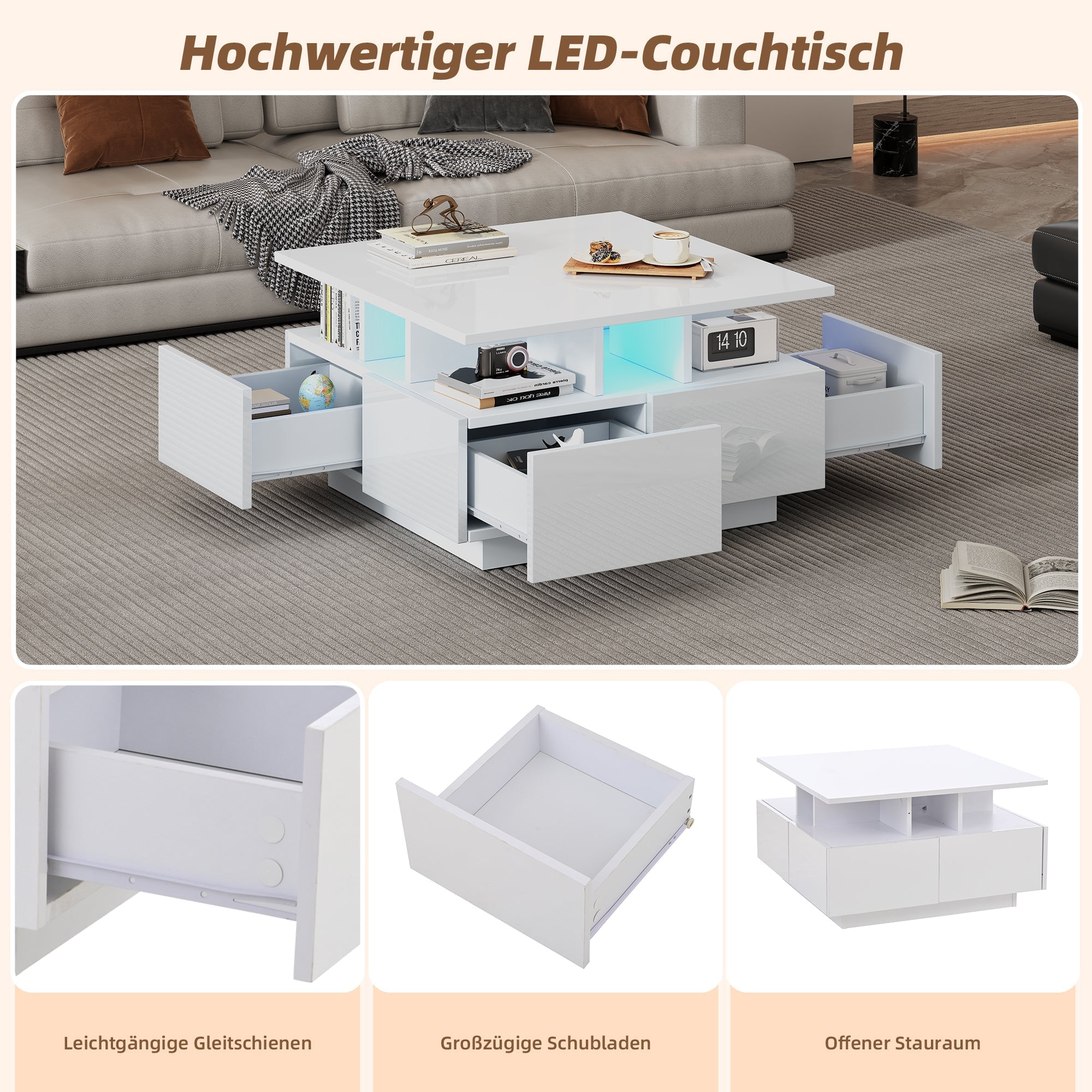 Coffee Table 70x70x40cm High-Gloss LED Light 4 Drawers Geometric Design, White