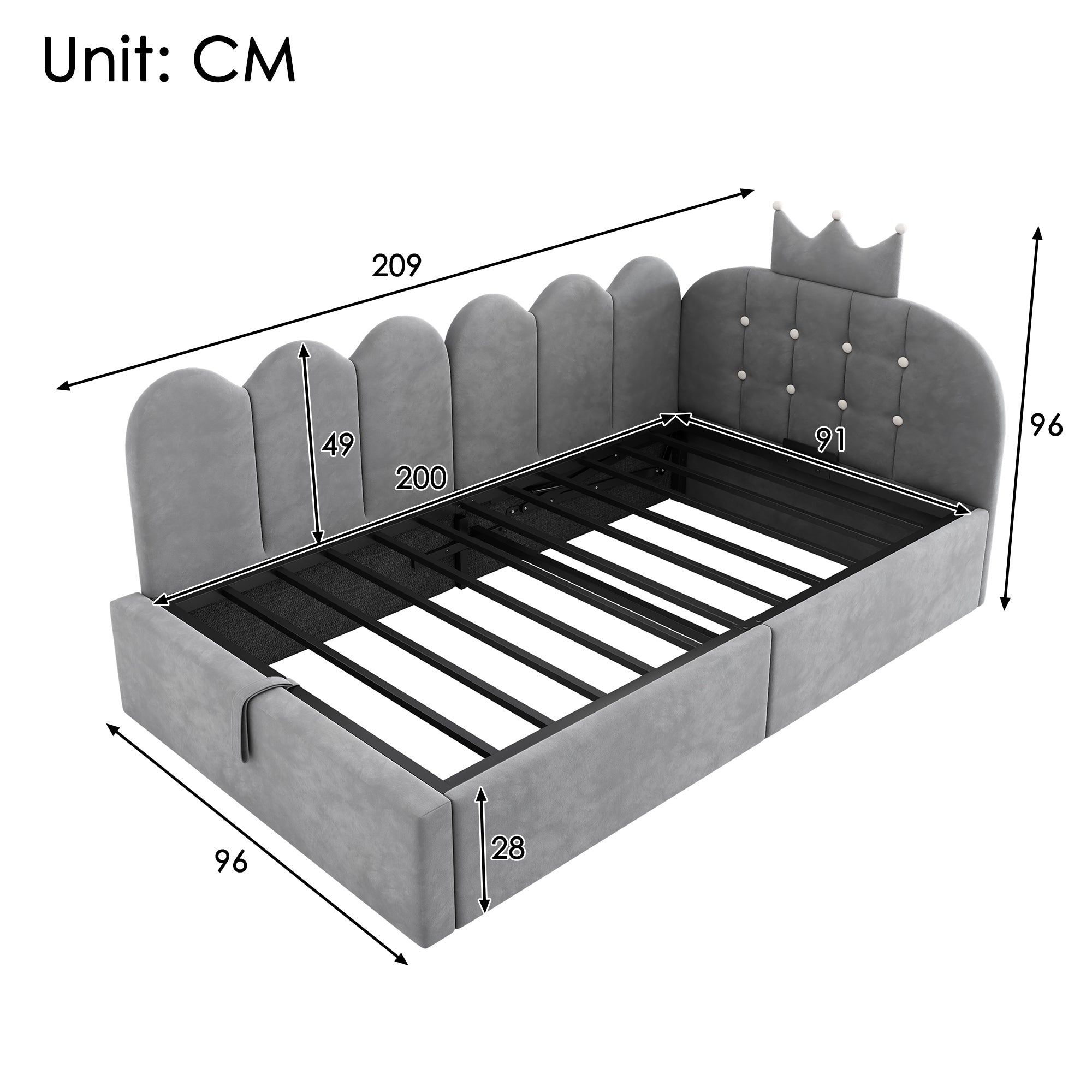 Upholstered Daybed with Hydraulic Storage and Crown Lattice Design, 90x200cm, Grey Velvet