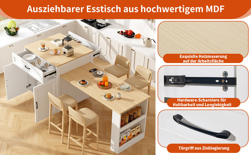 Extendable Bar Table 133-202cm with Storage, 2 Drawers & Side Shelves - White