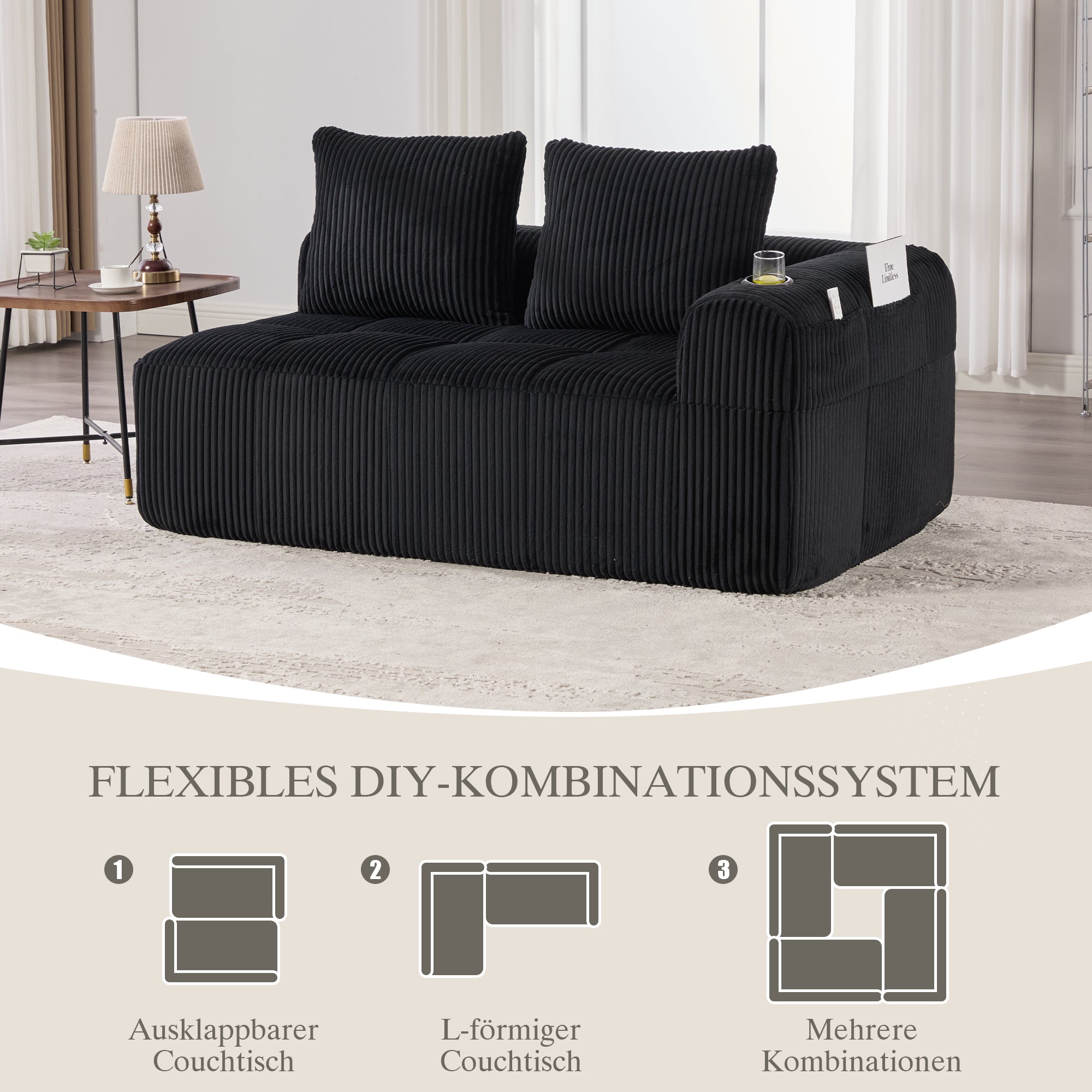 Two-Seater Sofa Storage Pocket Drink Holder - Corduroy Fabric
