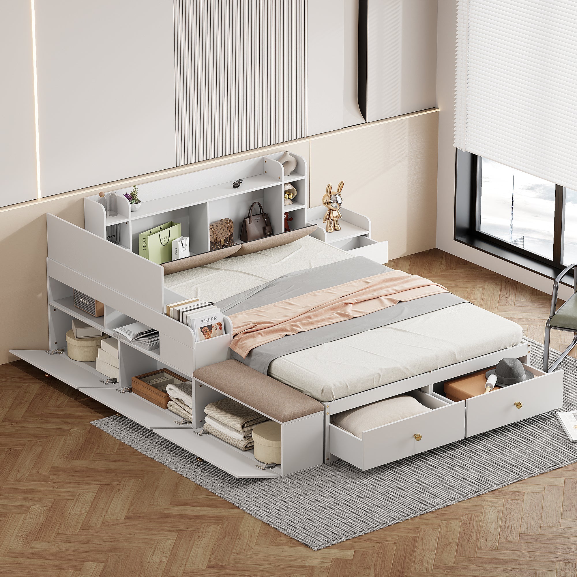 Combo Bed 140*200cm, Storage Headboard with Drawers & Sofa Bench, Solid Wood White