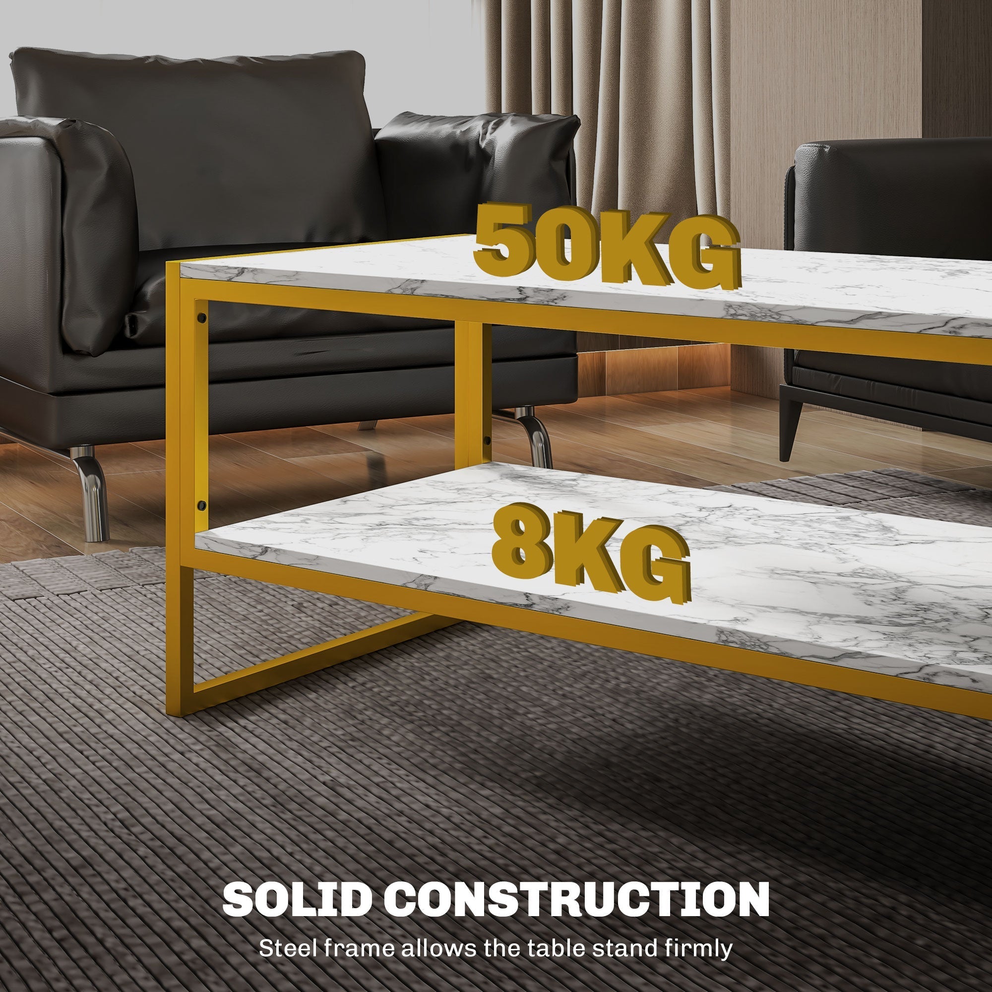 Coffee Table, Two-Tier Centre with Storage Shelf, Metal Frame, White