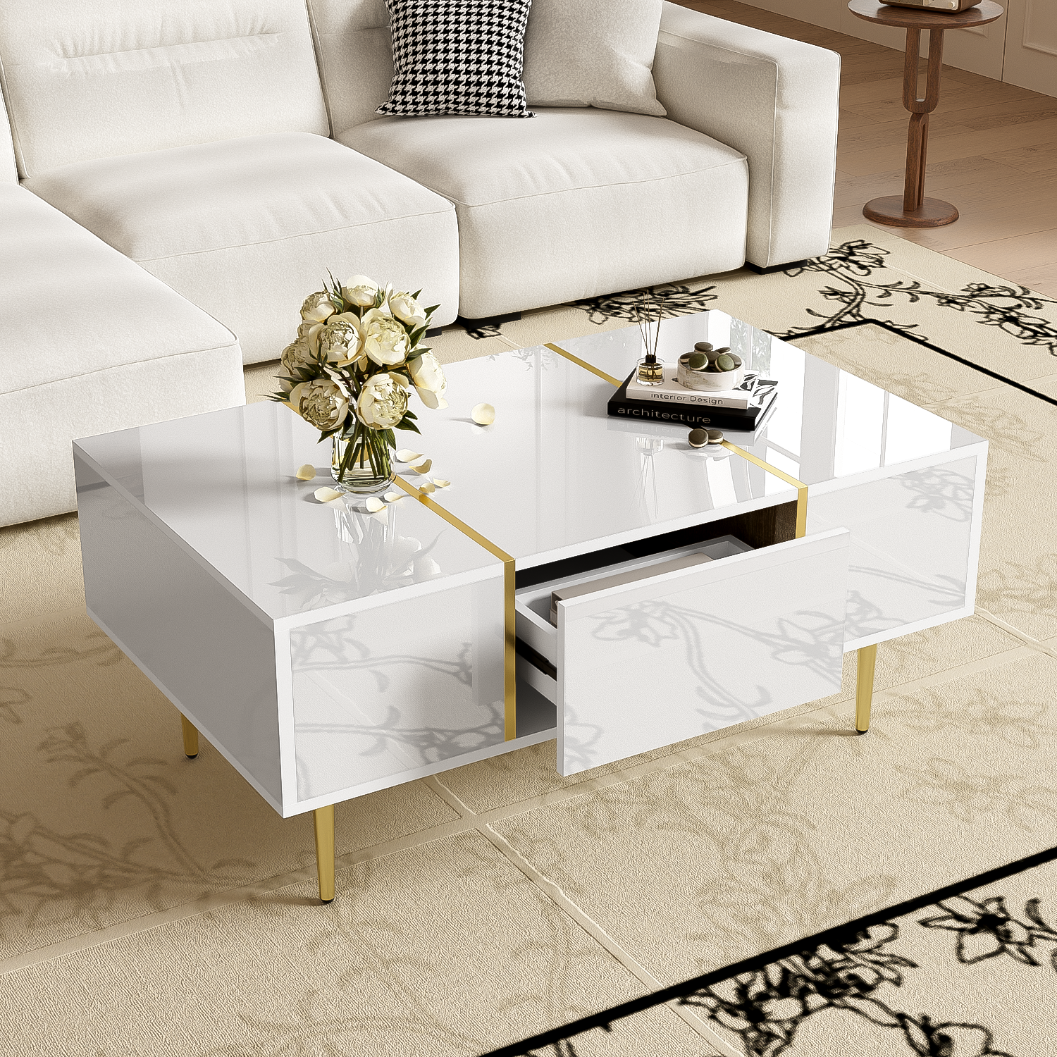 White Coffee Table, High Gloss Modern with 2 Drawers