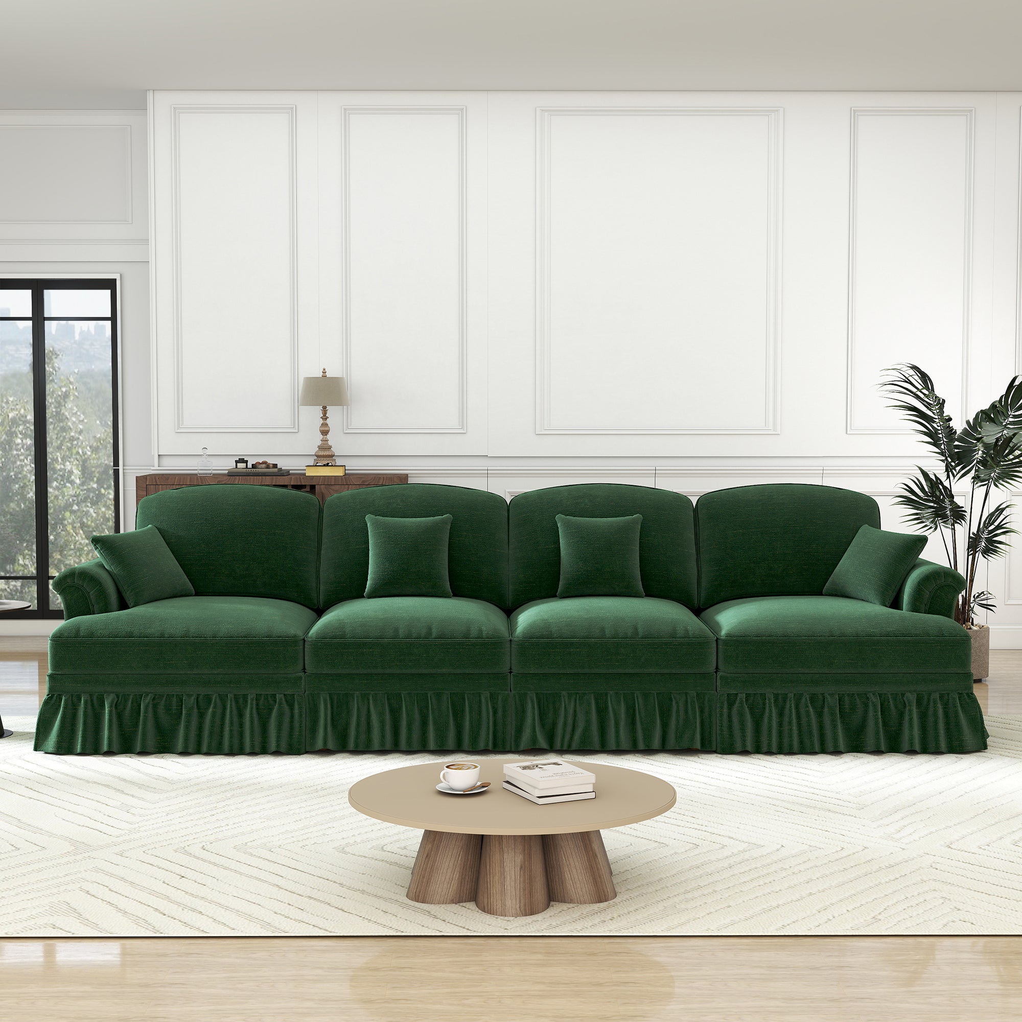 Sofa 4-Seater Mid-Century Chenille Ruffled Apron Spindle Legs - Green