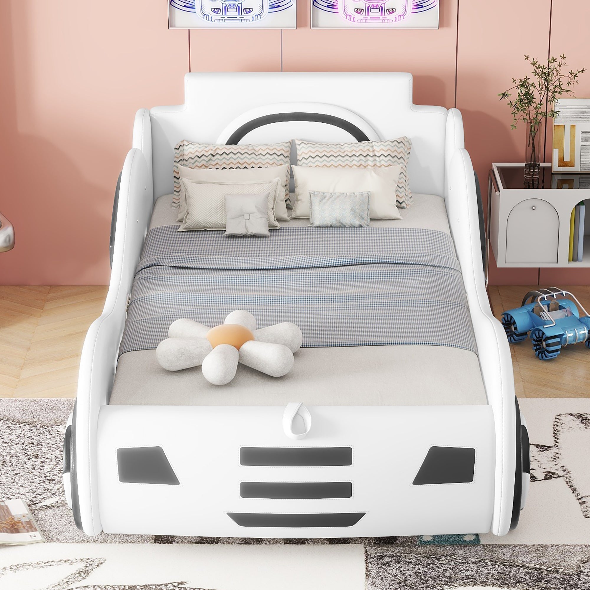 Car Bed, 90x200cm, Flat Bed with Slatted Base & Under-bed Storage, White