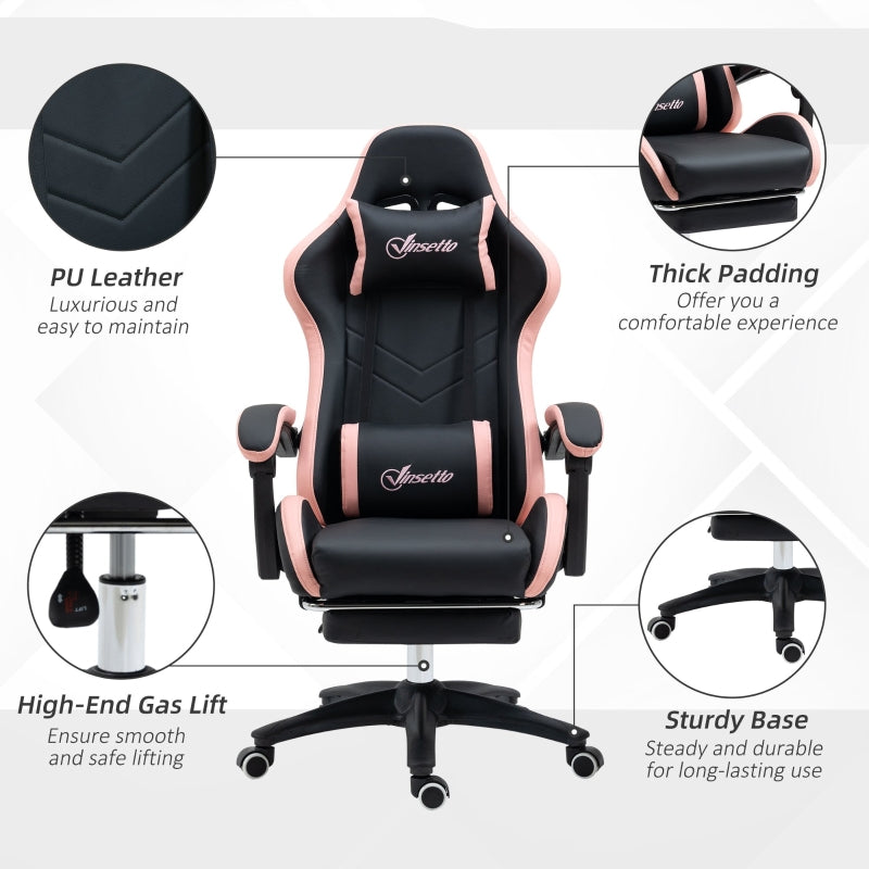 Computer Gaming Chair, 135° Reclining Footrest Lumbar Support, Black and Pink PU Leather