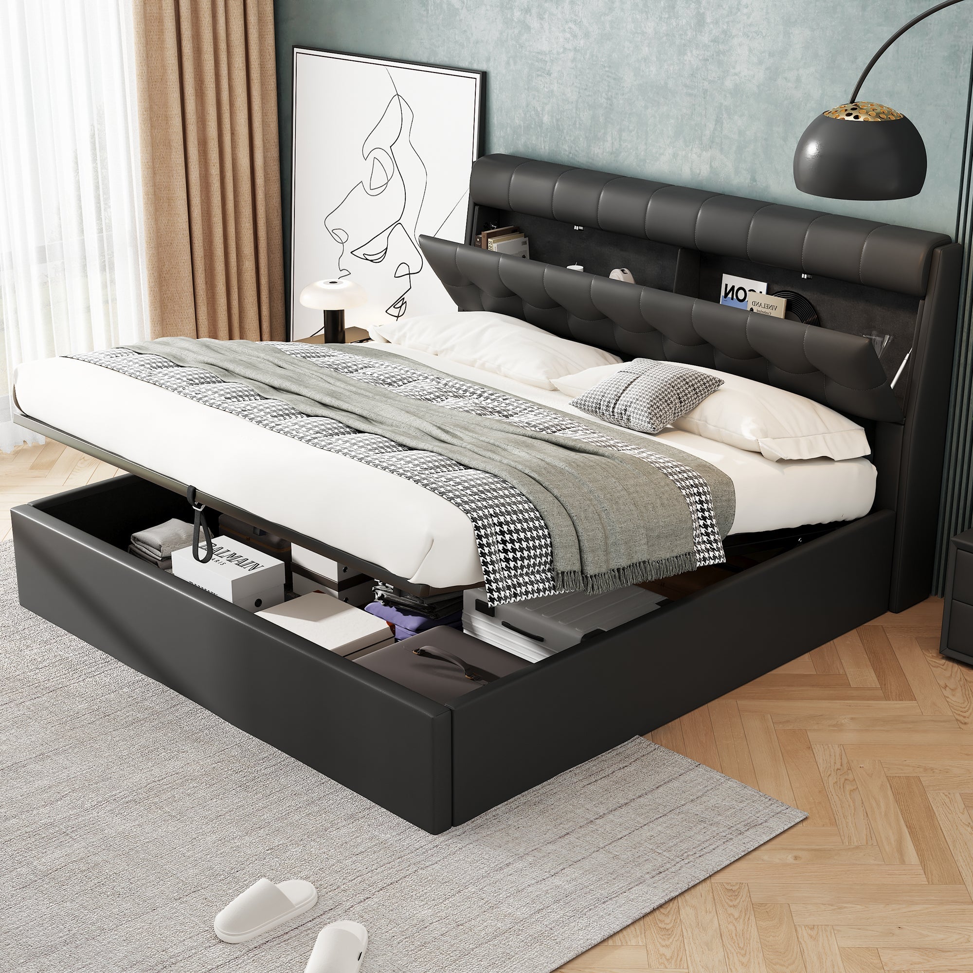Upholstered Bed, King Size 150x200cm, Hydraulic Lift with Concealed Headboard Storage, Black PU
