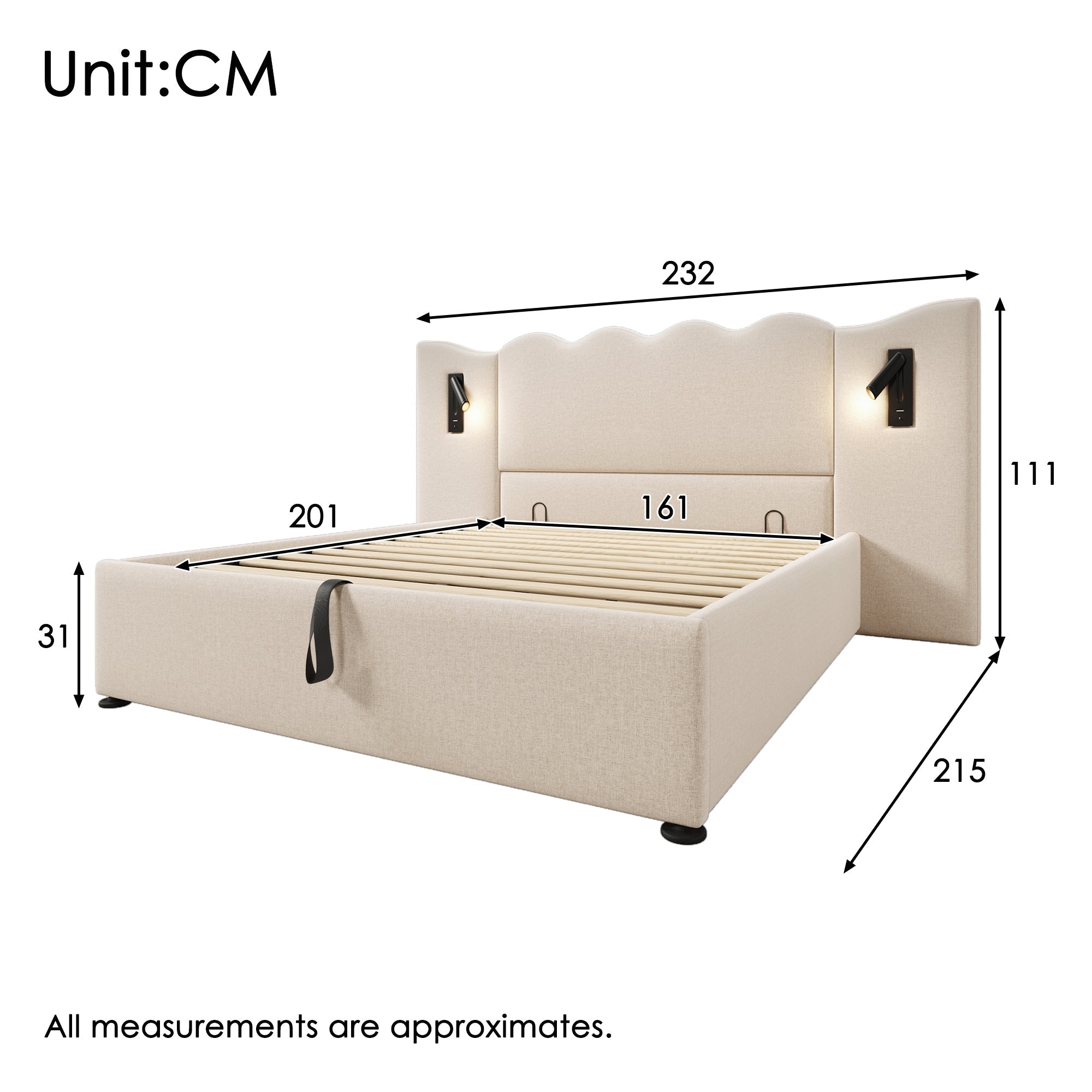 Upholstered Double Bed, 160x200, Reading Lamp & USB-C, Storage, Beige Linen
