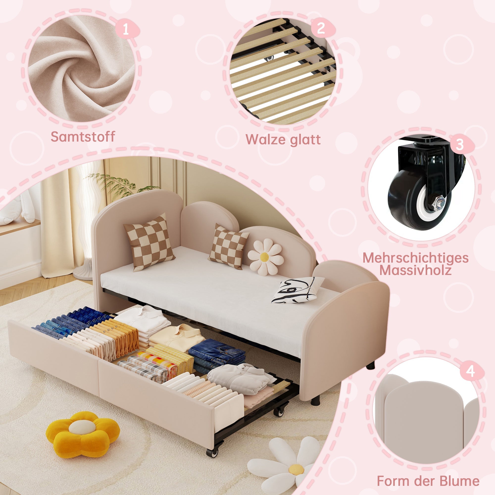 SOFTSEA Twin Size Daybed, Velvet Upholstered with Storage Drawers