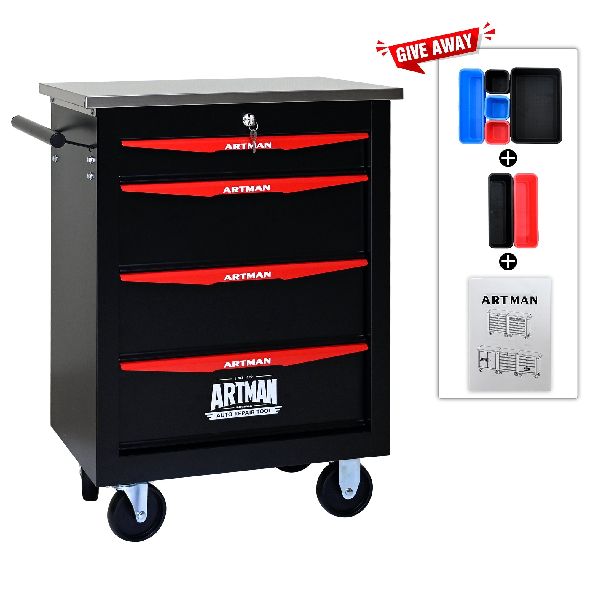 Tool Trolley 4-Drawer Metal Rolling Storage with Stainless Steel Roof Black & Red