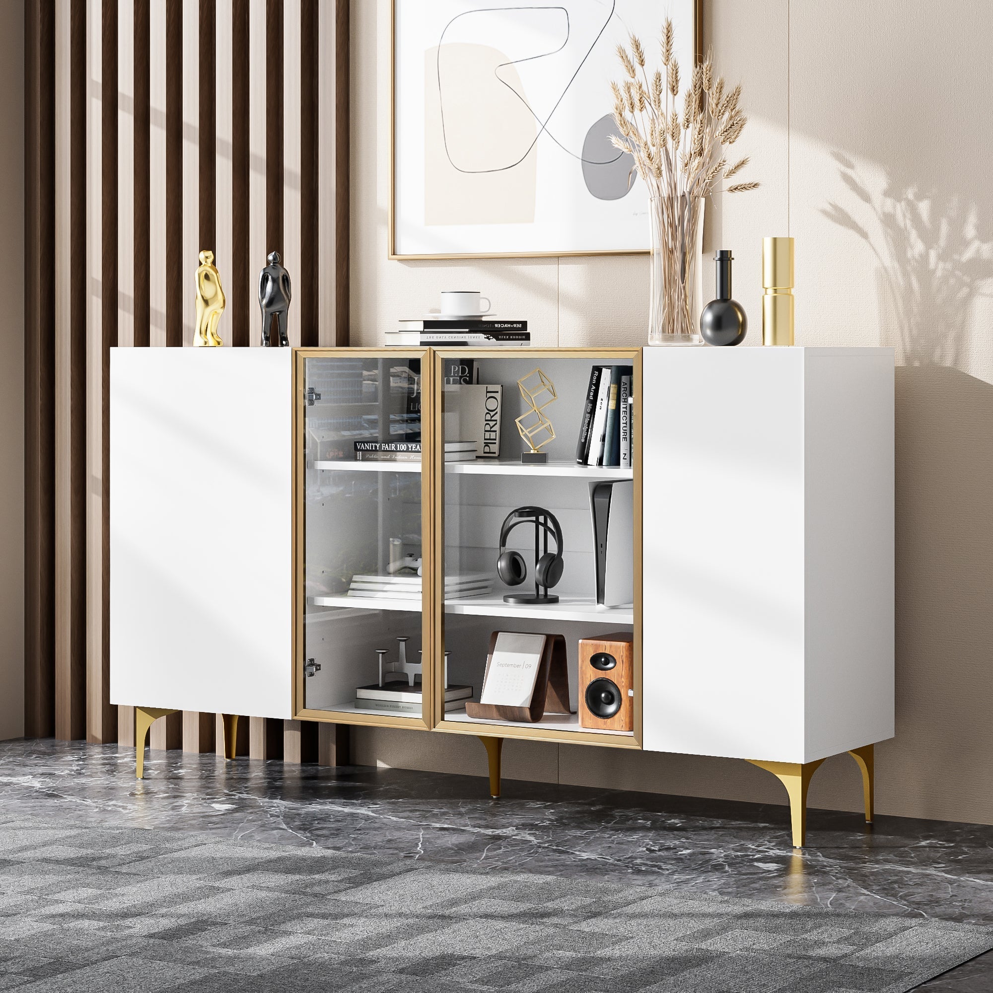 Sideboard, 4-Door with Glass & Metal, Handleless, White