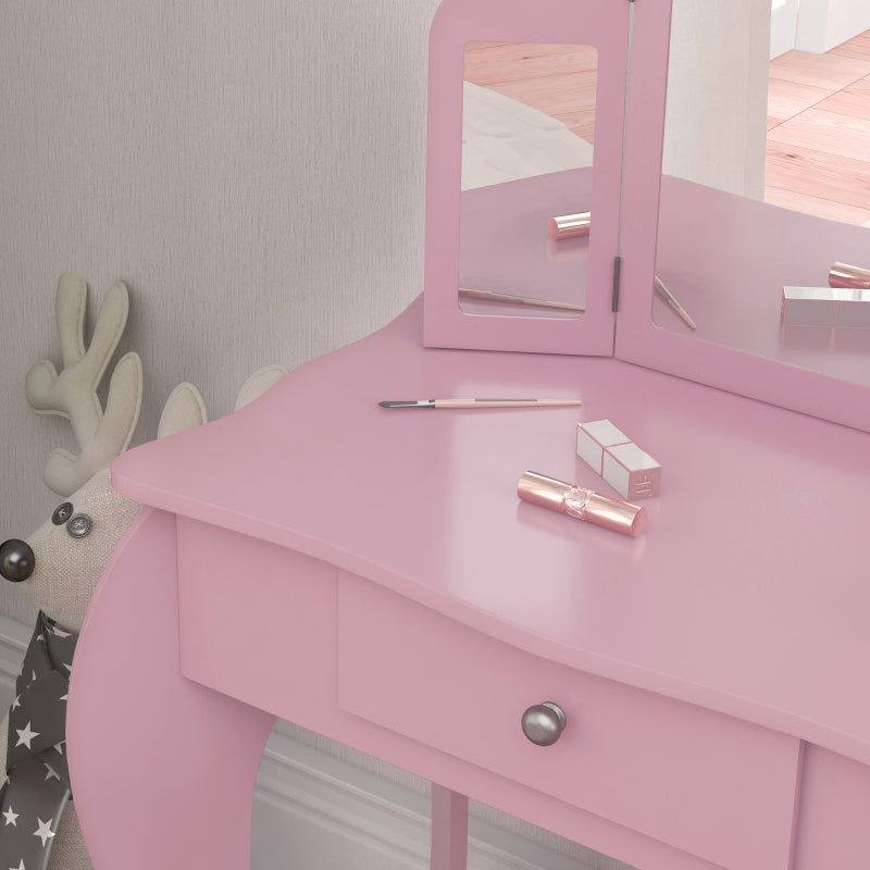 Kids Vanity Table and Chair Set with Tri-Folding Mirror, Stool, and Drawer, Pink