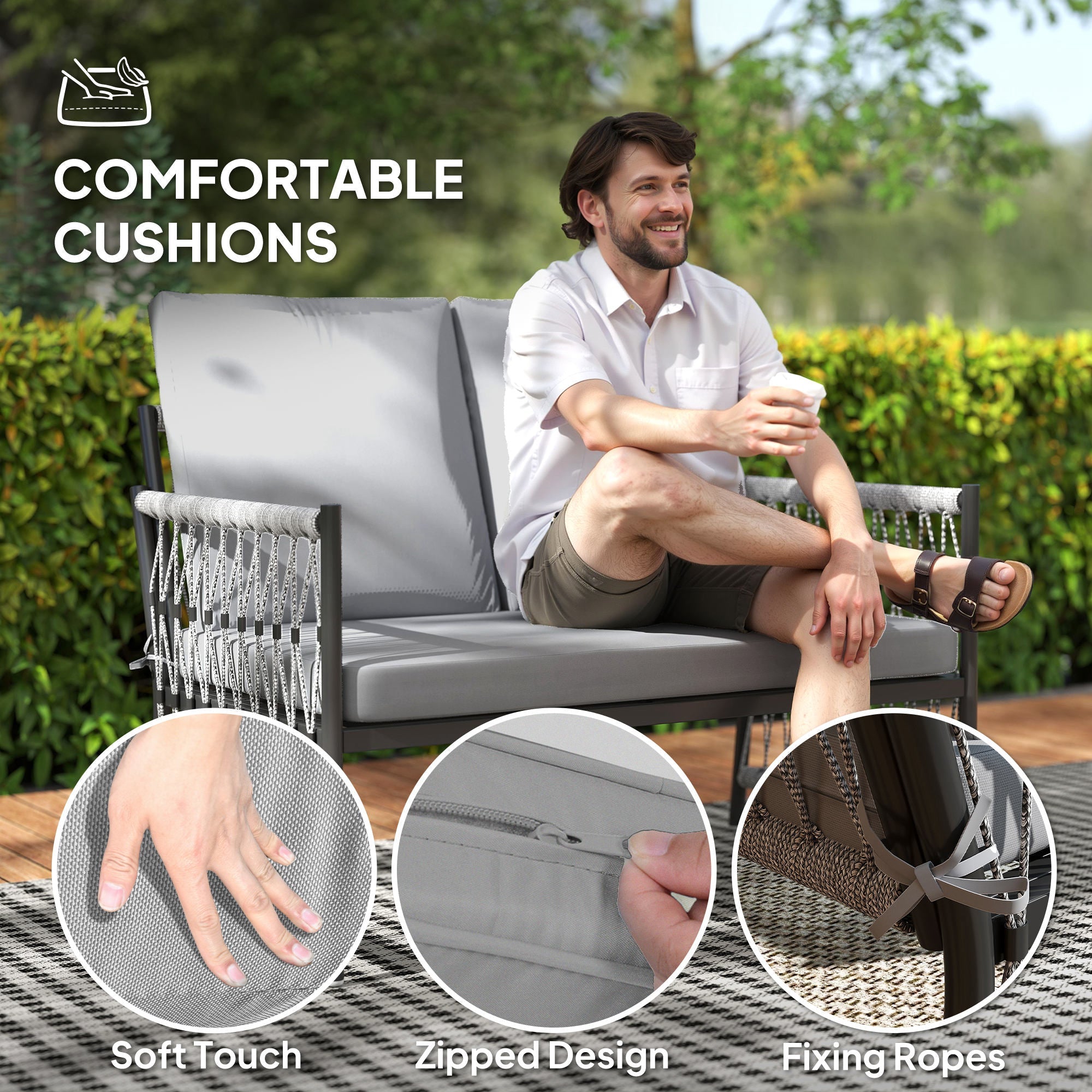 4 Piece Rattan Garden Furniture Set, 4 Seater Wicker Patio Conversation Set, Grey