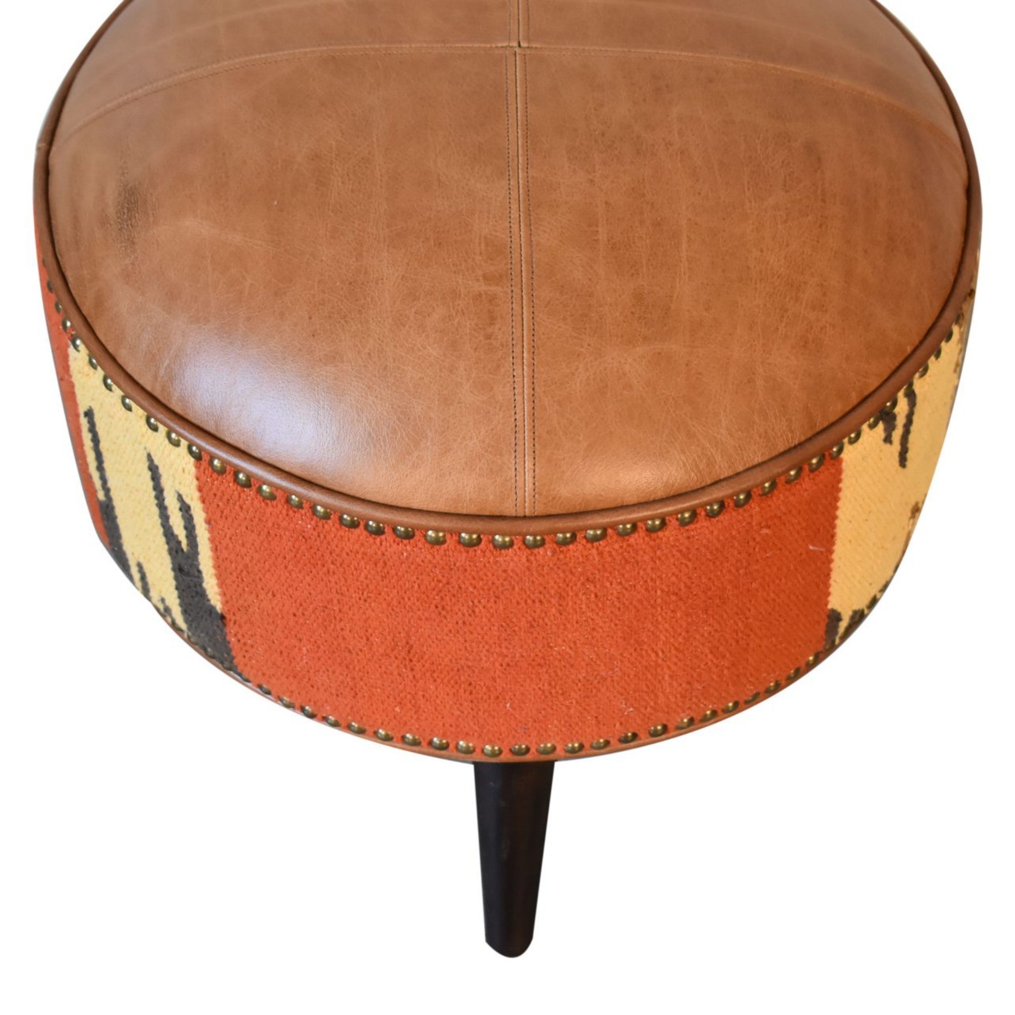 Solid Wood Footstool, Bohemian Durrie and Leather, Multicolor