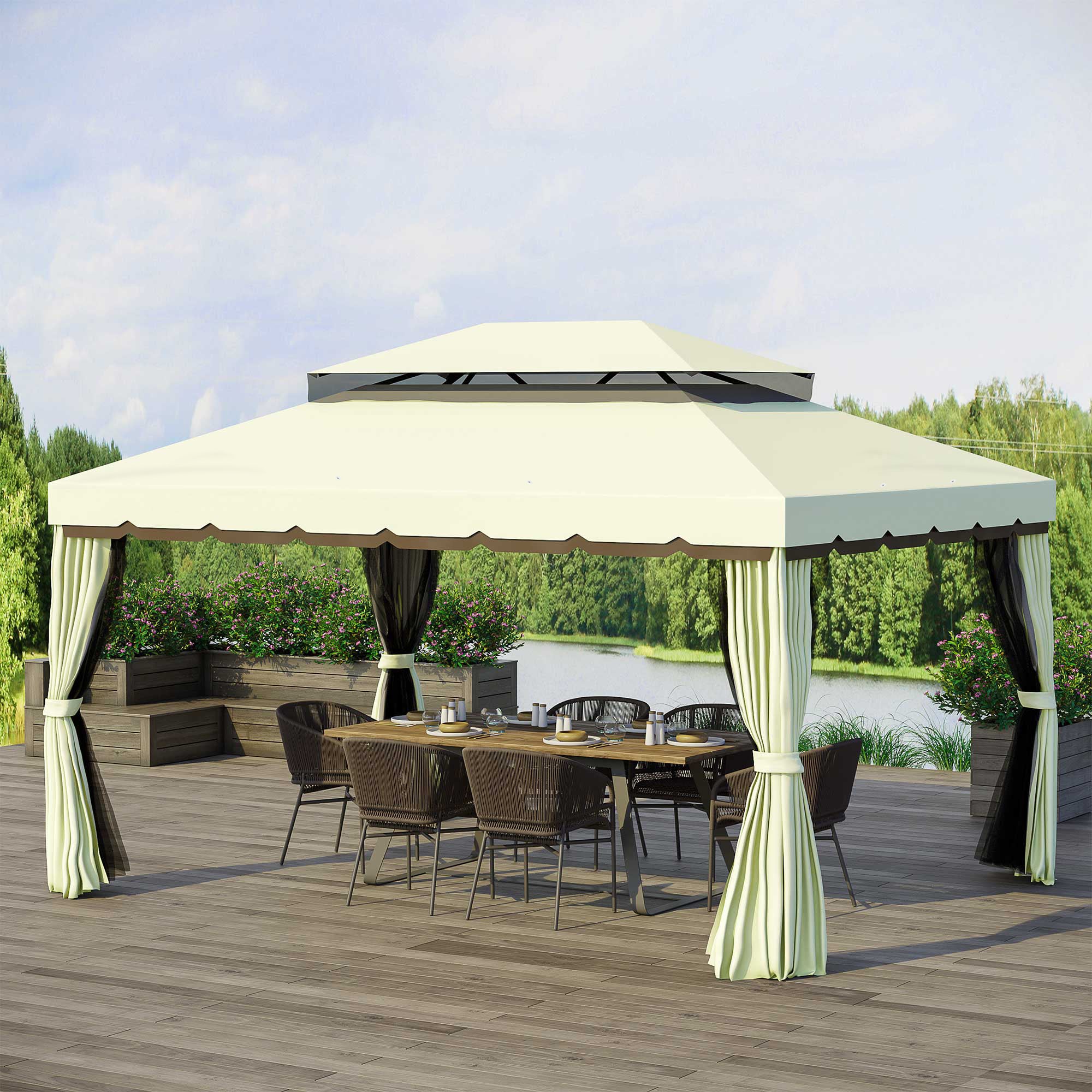 4 x 3 m Garden Gazebo, Double Roof with Netting & Curtains, Aluminum Cream