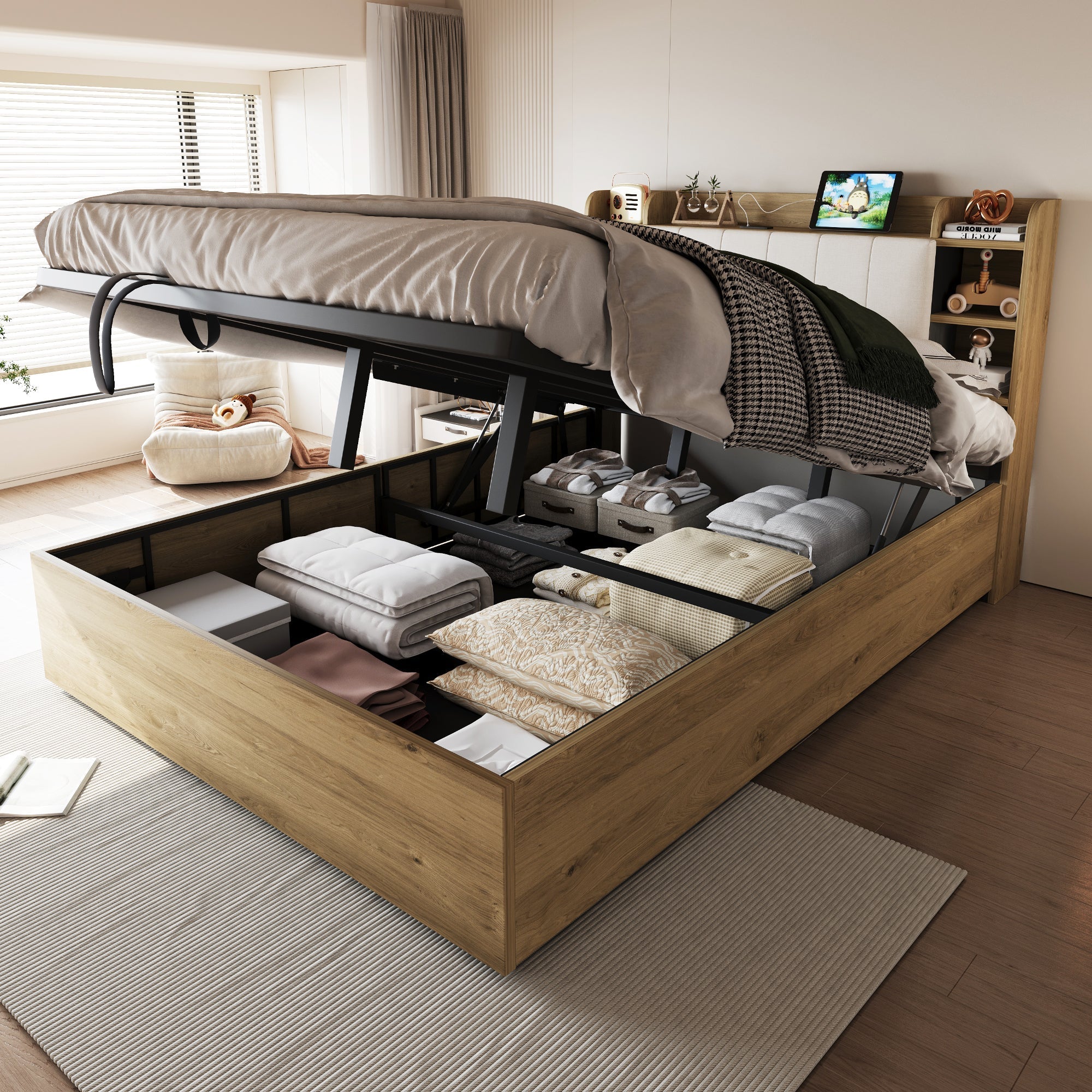 Hydraulic Wooden Bed with Storage Headboard, USB and Type-C Port, 180x200cm, Wood Color