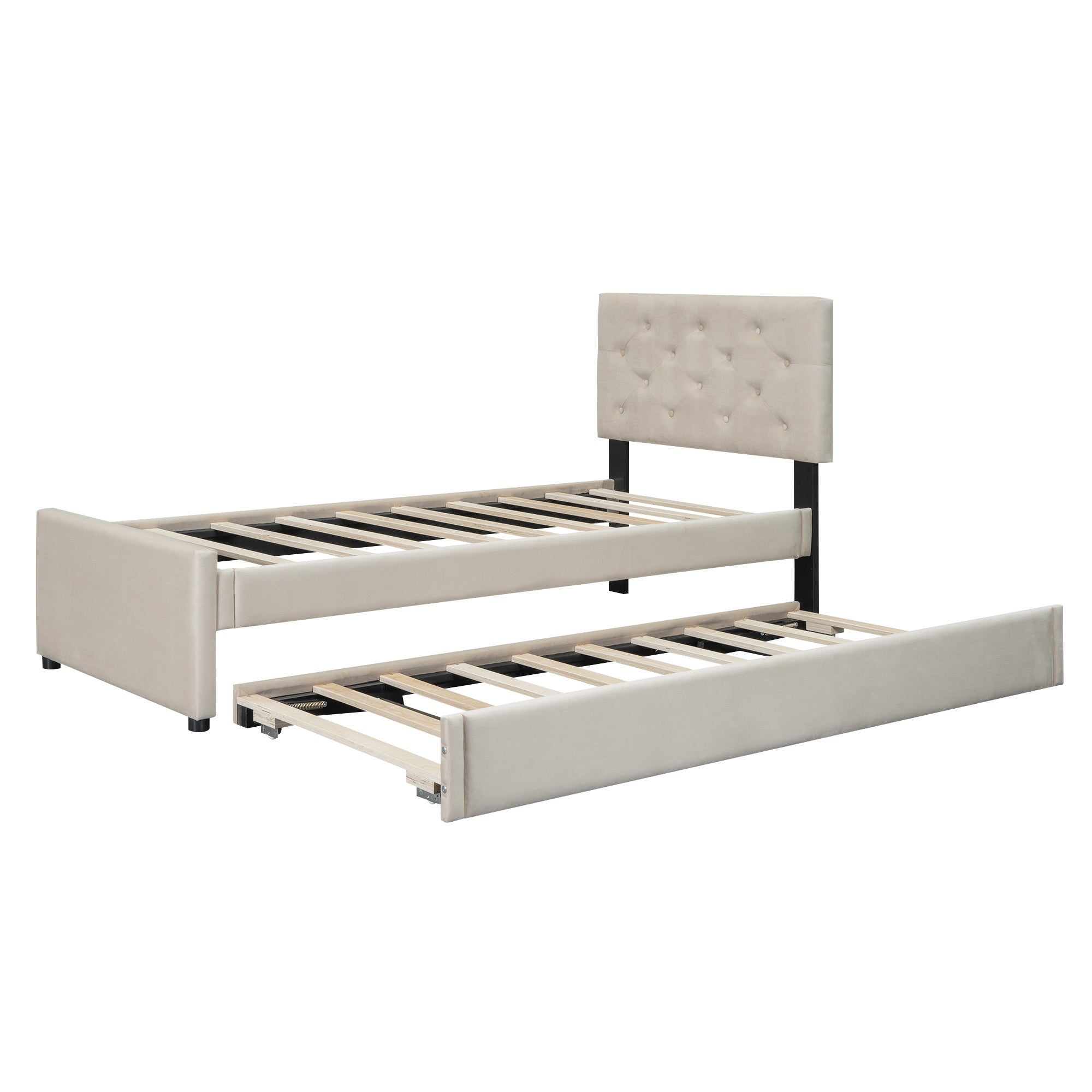 Upholstered Bed with Slatted Base and Rolling Storage, 90x200cm, Beige Velvet