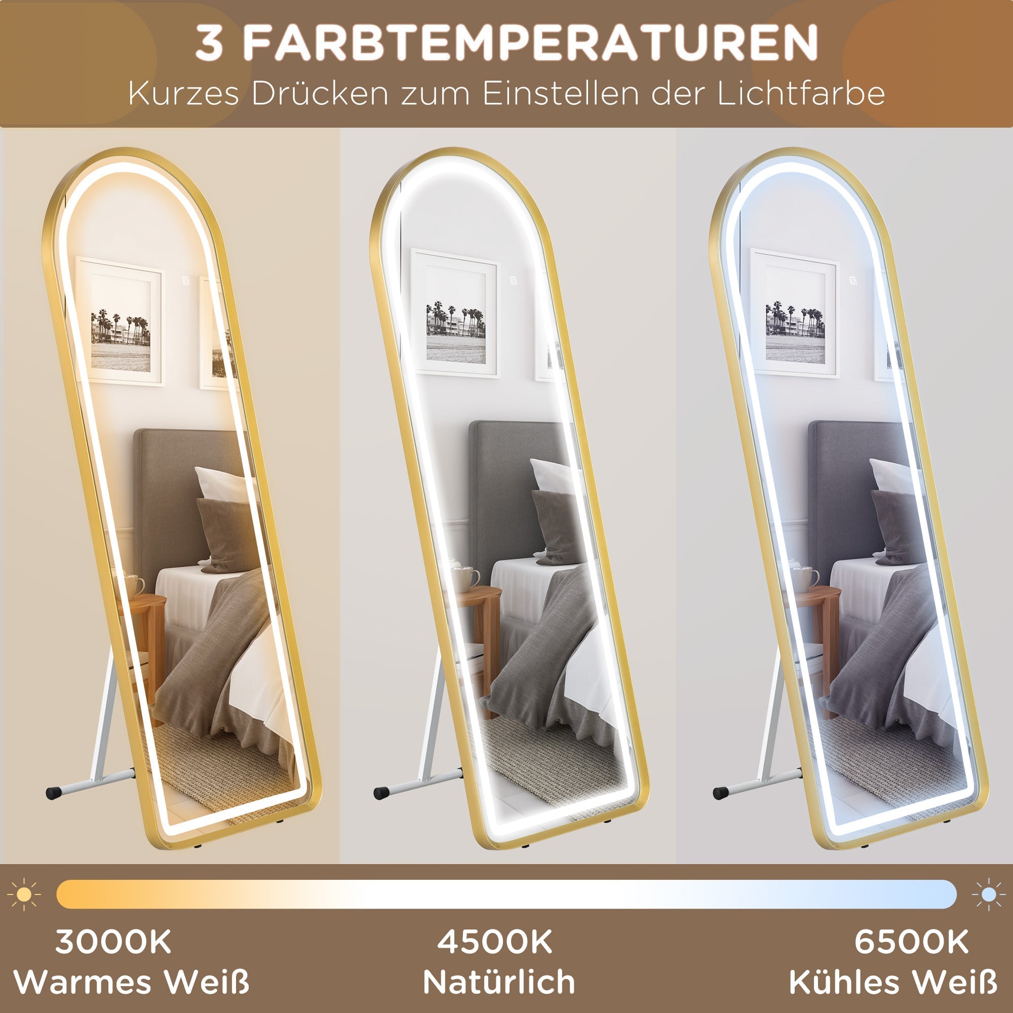 Ganzkörperspiegel, dimmbare LED, Wand- & Standspiegel, Touch-Schalter, Gold