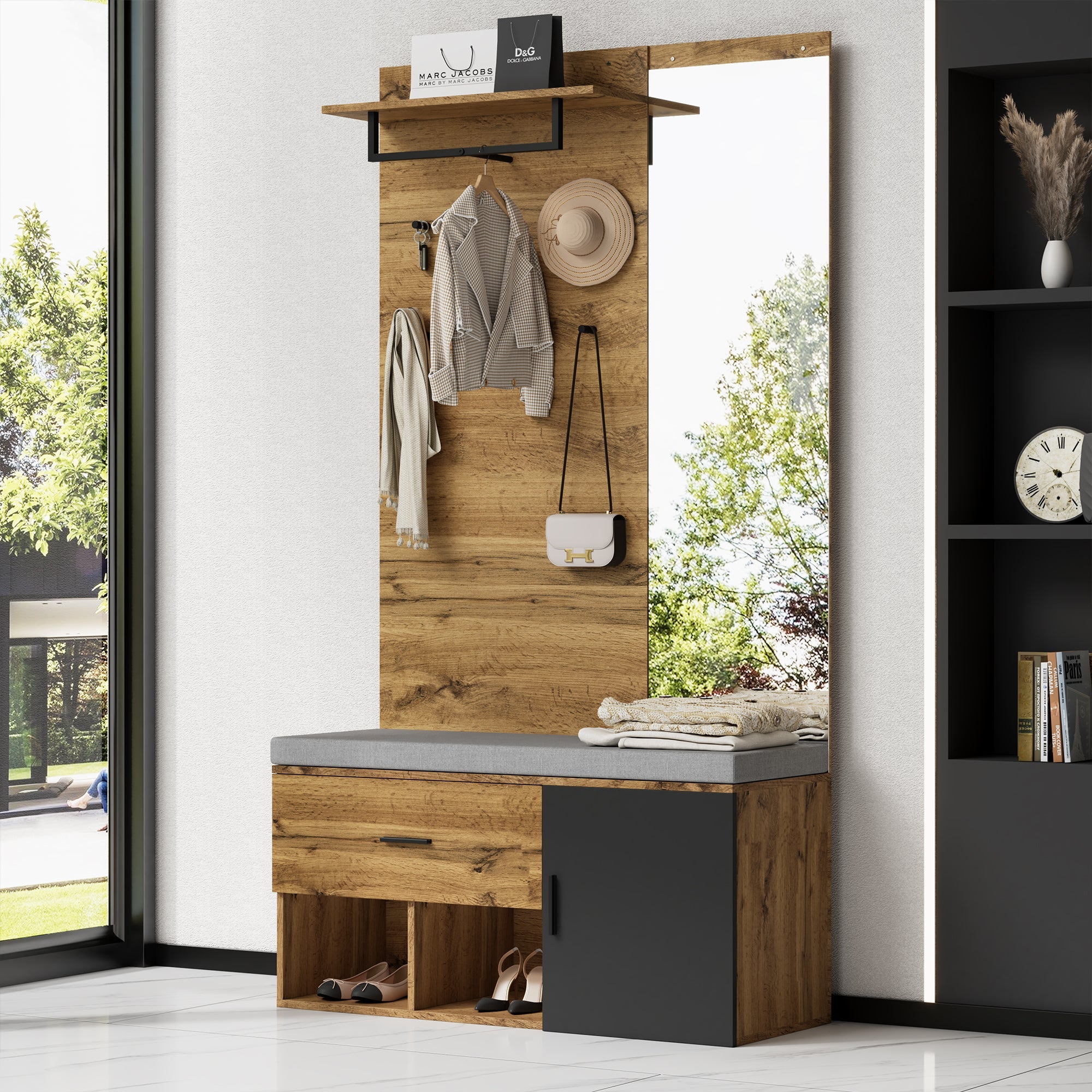 Wardrobe Set with Mirror, Shoe Bench, & Storage - 190 cm High, Wood Look
