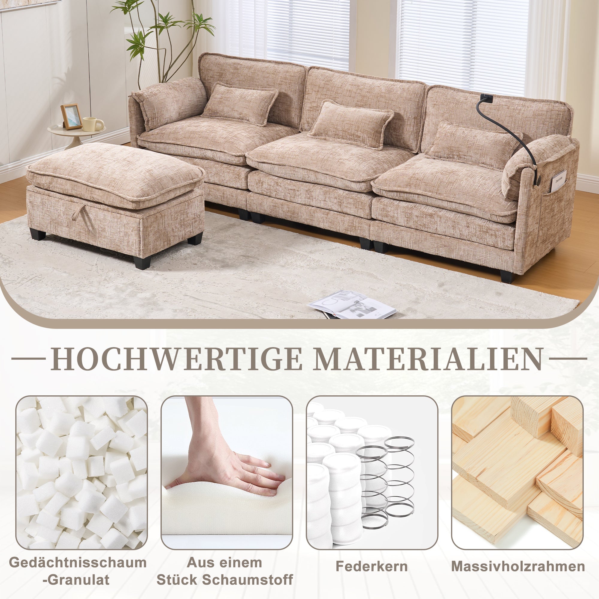 Modern 2-seater Sofa USB Storage Modular Footstool - Khaki Chenille
