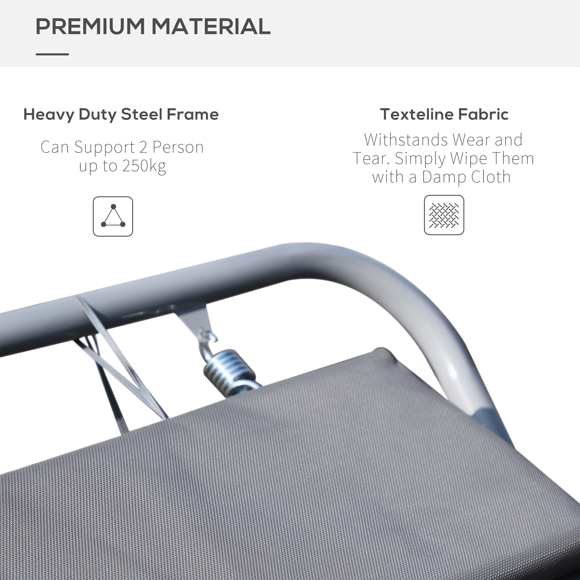 Rocking Sun Lounger, Double Sunbed with Headrest Pillows, Grey Texteline