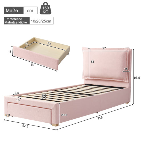 Upholstered Bed, Single/Children's Functional with Storage, Pink Chenille