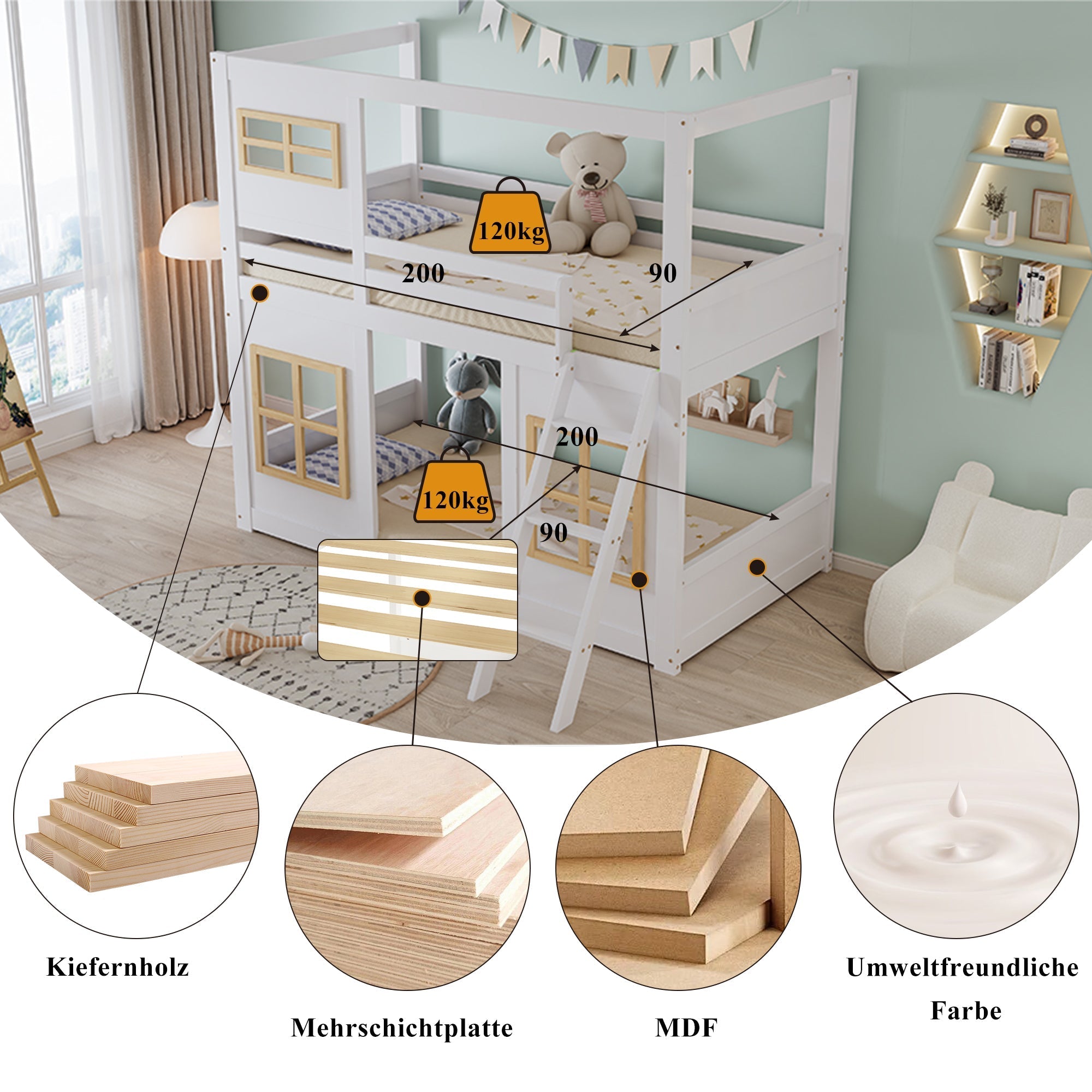 Bunk Bed, Kids with Windows, Ladder & Fencing, Pine + MDF + Plywood