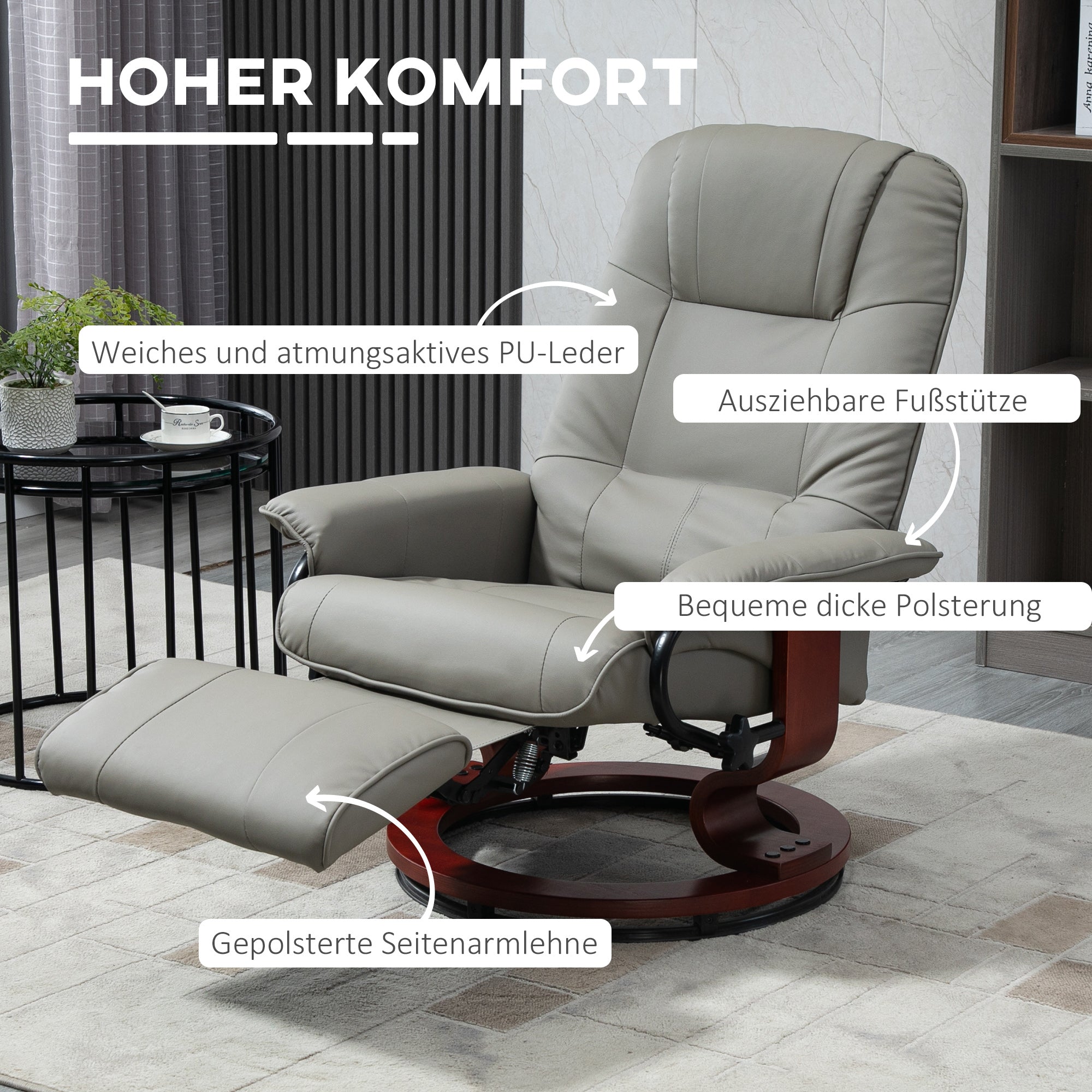Electric TV Recliner, 145° Reclining Footrest with Side Buttons, Faux Leather Grey
