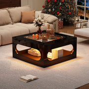 Coffee Table 70x70x35cm Square Hollowed-Out Tempered Glass LED High-Gloss Black MDF