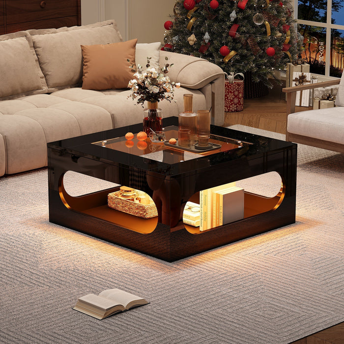Coffee Table 70x70x35cm Square Hollowed-Out Tempered Glass LED High-Gloss Black MDF