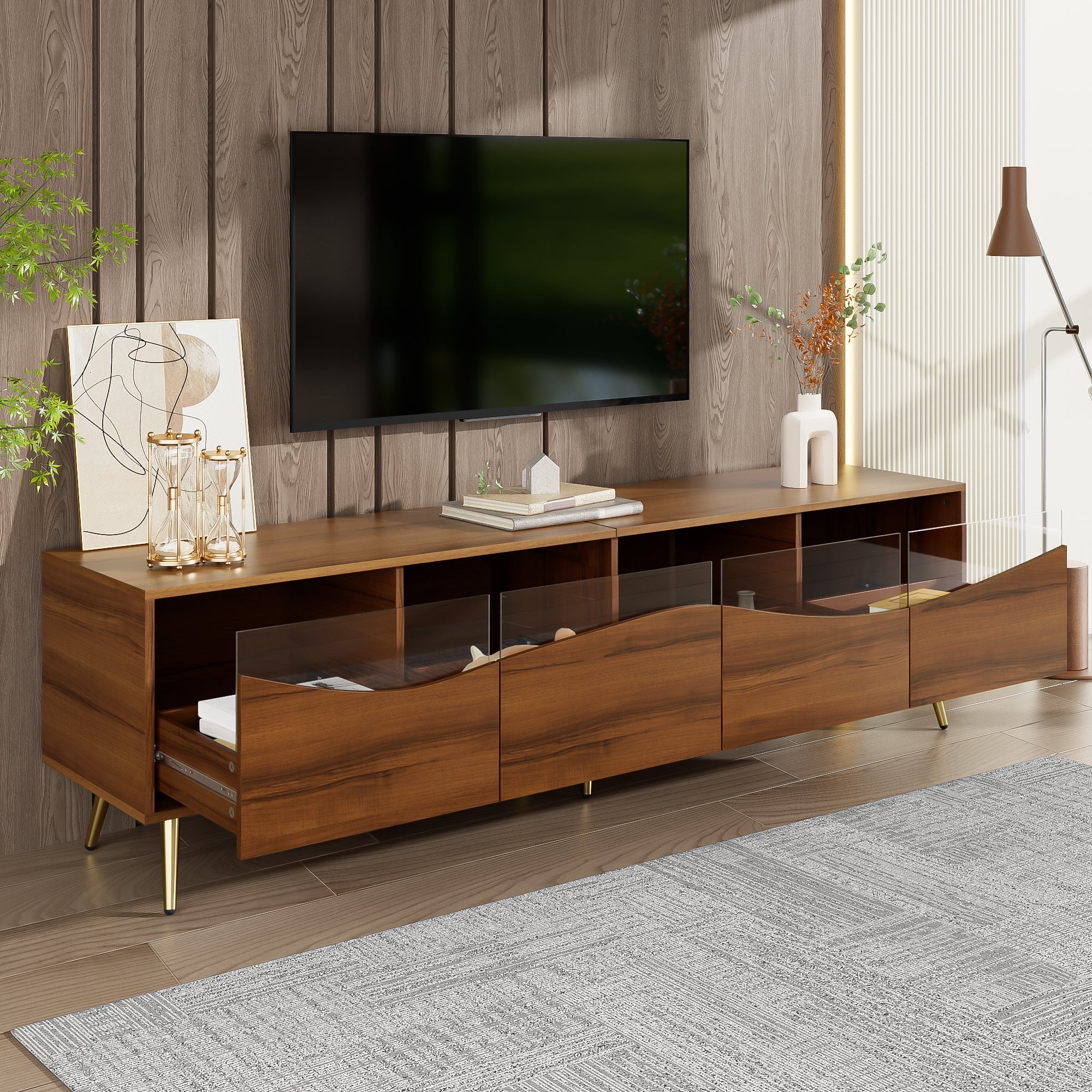 Modern TV Cabinet 180cm LED Lighting Storage, Wood Color/Gold Metal