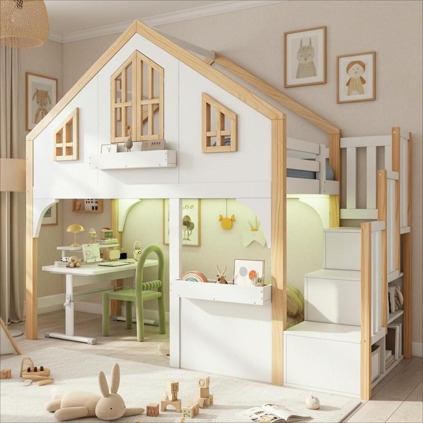 Bunk Bed House 90x200cm Wooden with LED Storage Stairs White + Natural