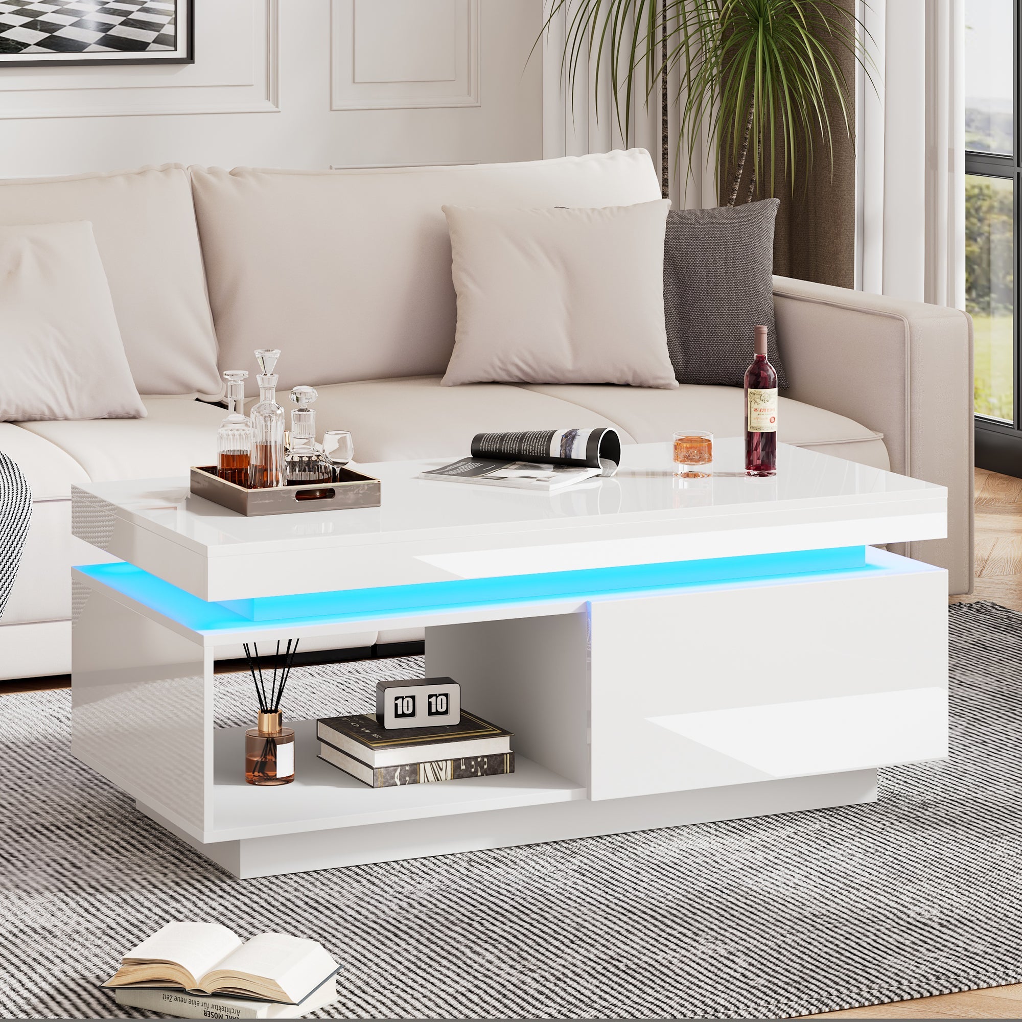 Modern high-gloss coffee table with LED lighting and drawer, 50 kg capacity