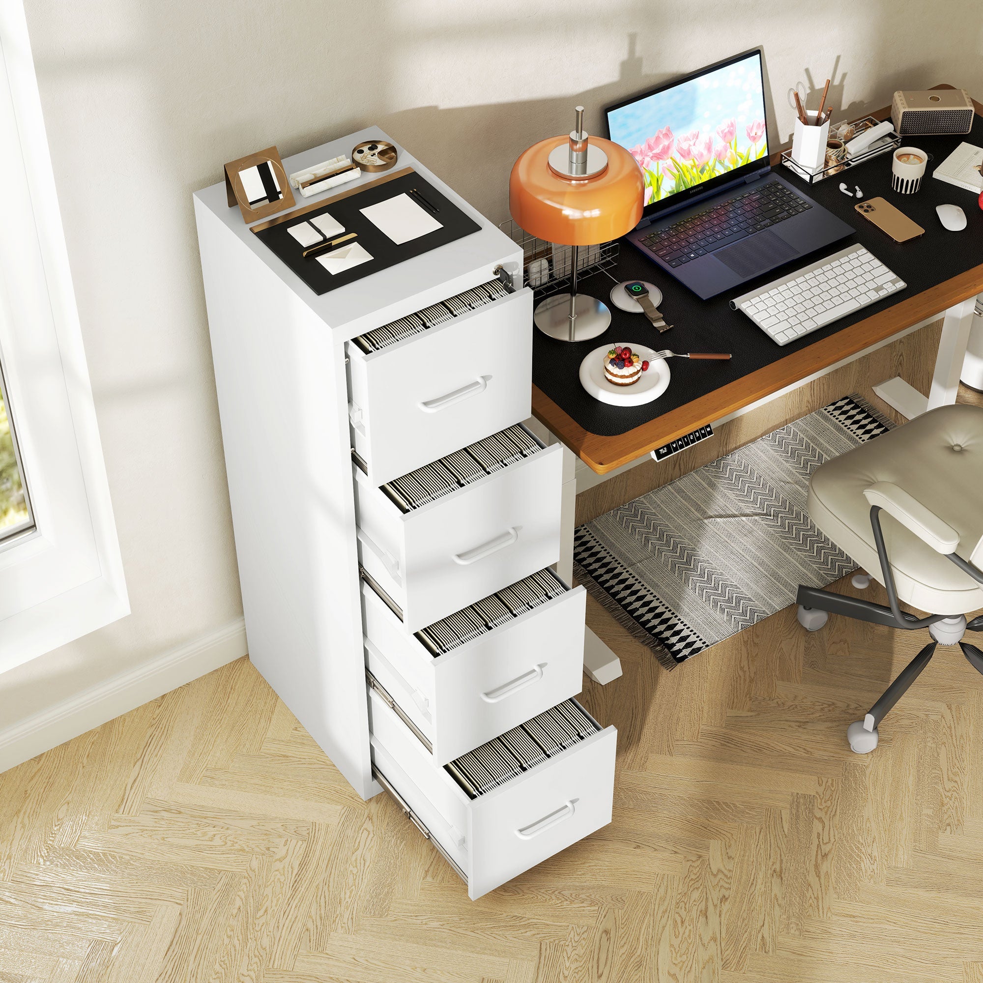 Four-Drawer Filing Cabinet Modern Steel White