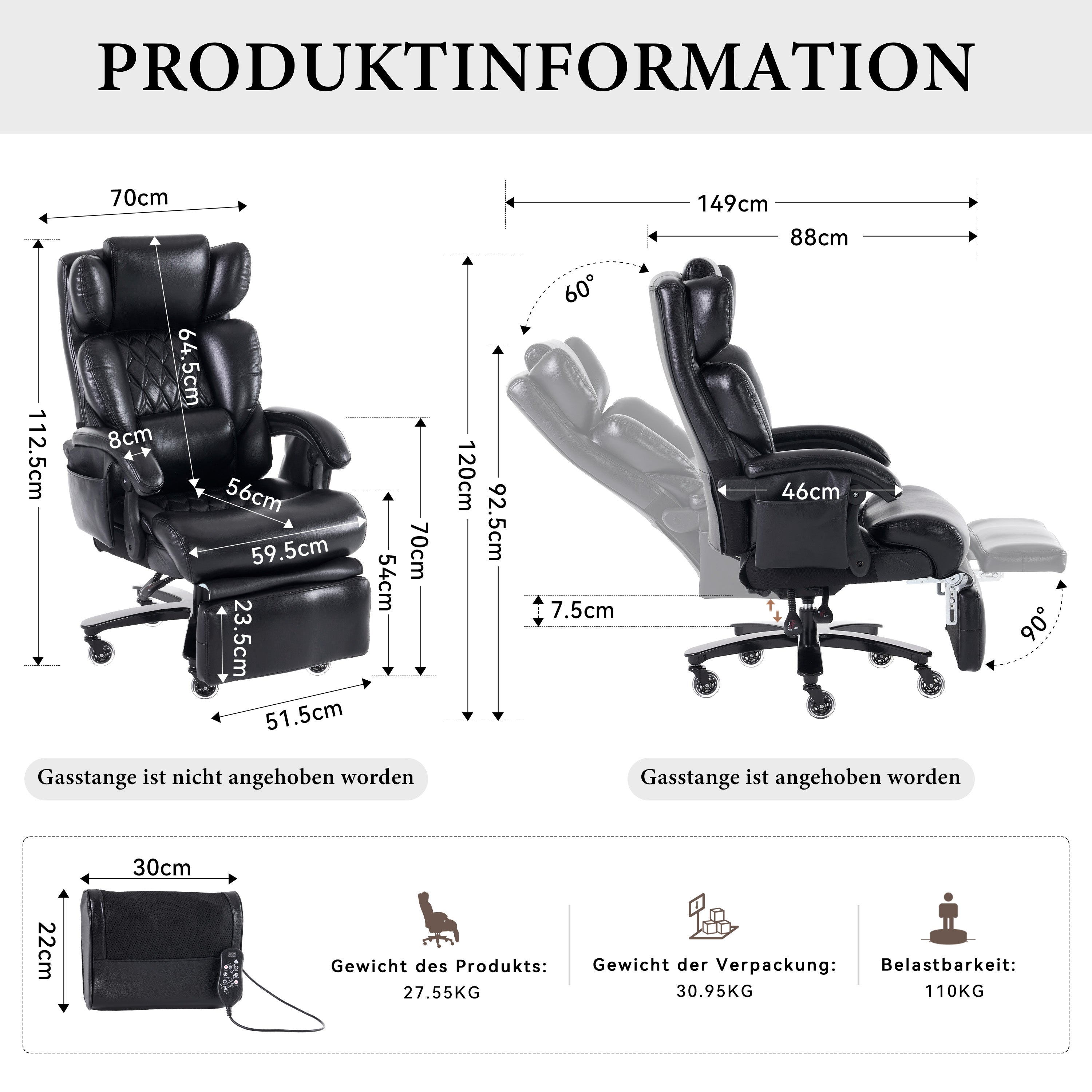 XXL Executive Office Chair - Massage Heat Footrest Adjustable Backrest 150kg - PU Leather Black