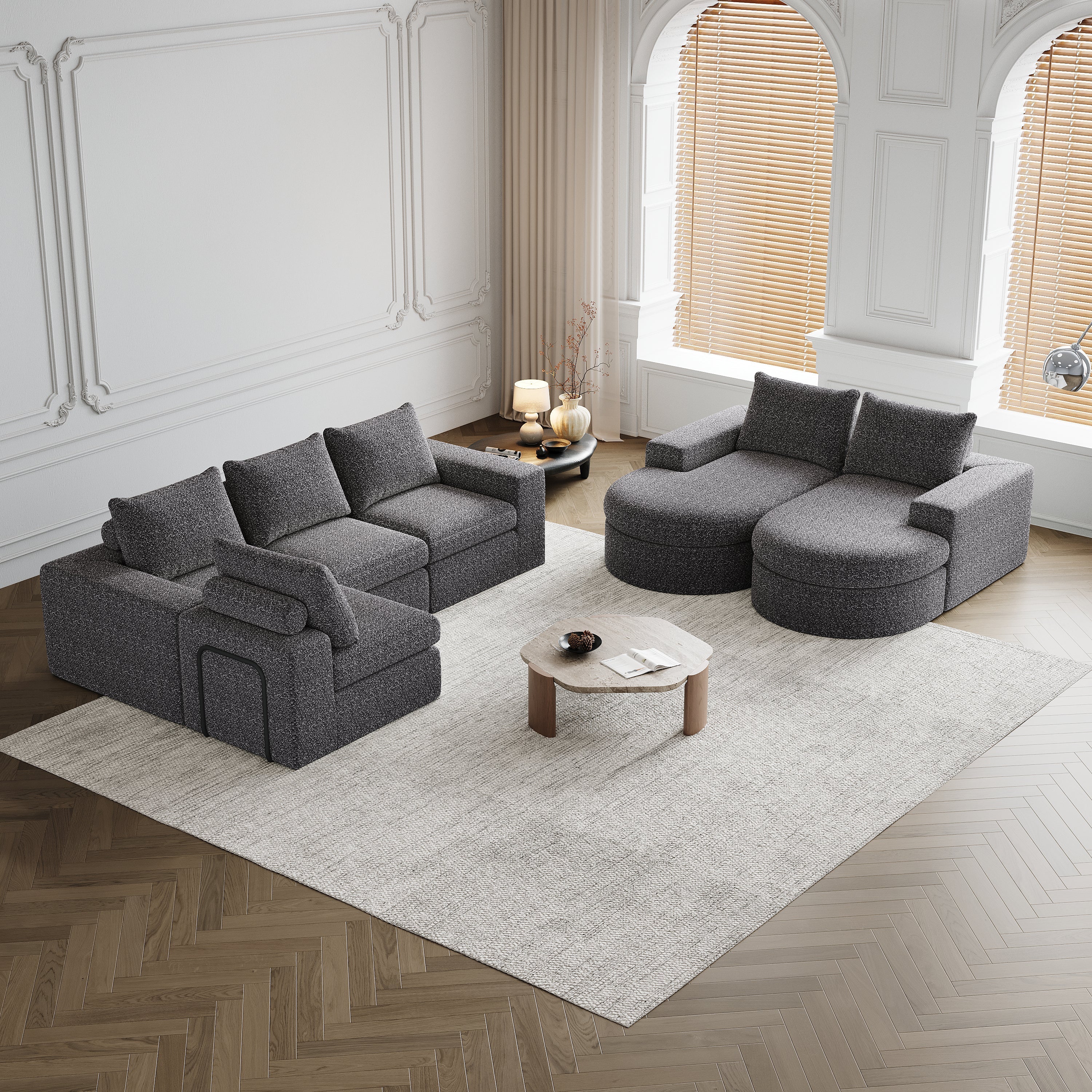 Chenille Sofa, Curved Modular L-Lounger, Two-Piece Set