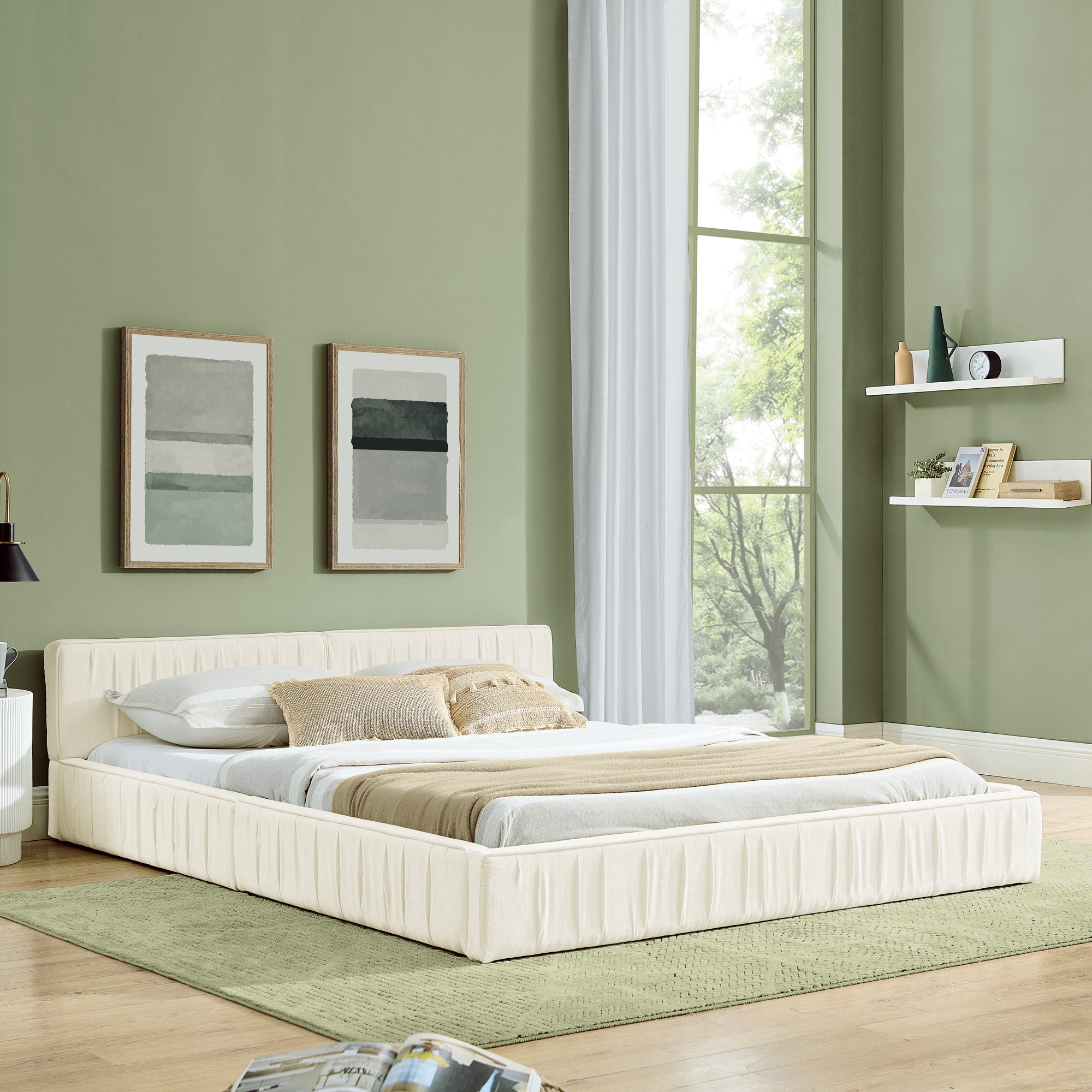 Double Bed 140x200cm Chenille Cover Eucalyptus Frame - Beige