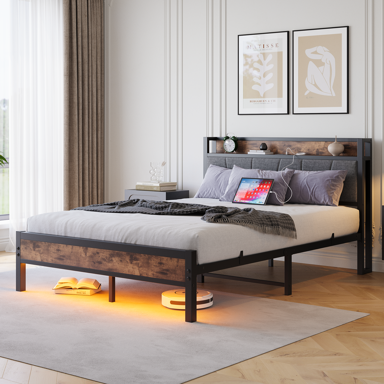 Bed Frame 120x200cm, Smart LED/USB Headboard, Heavy-Duty Metal Slatted Platform