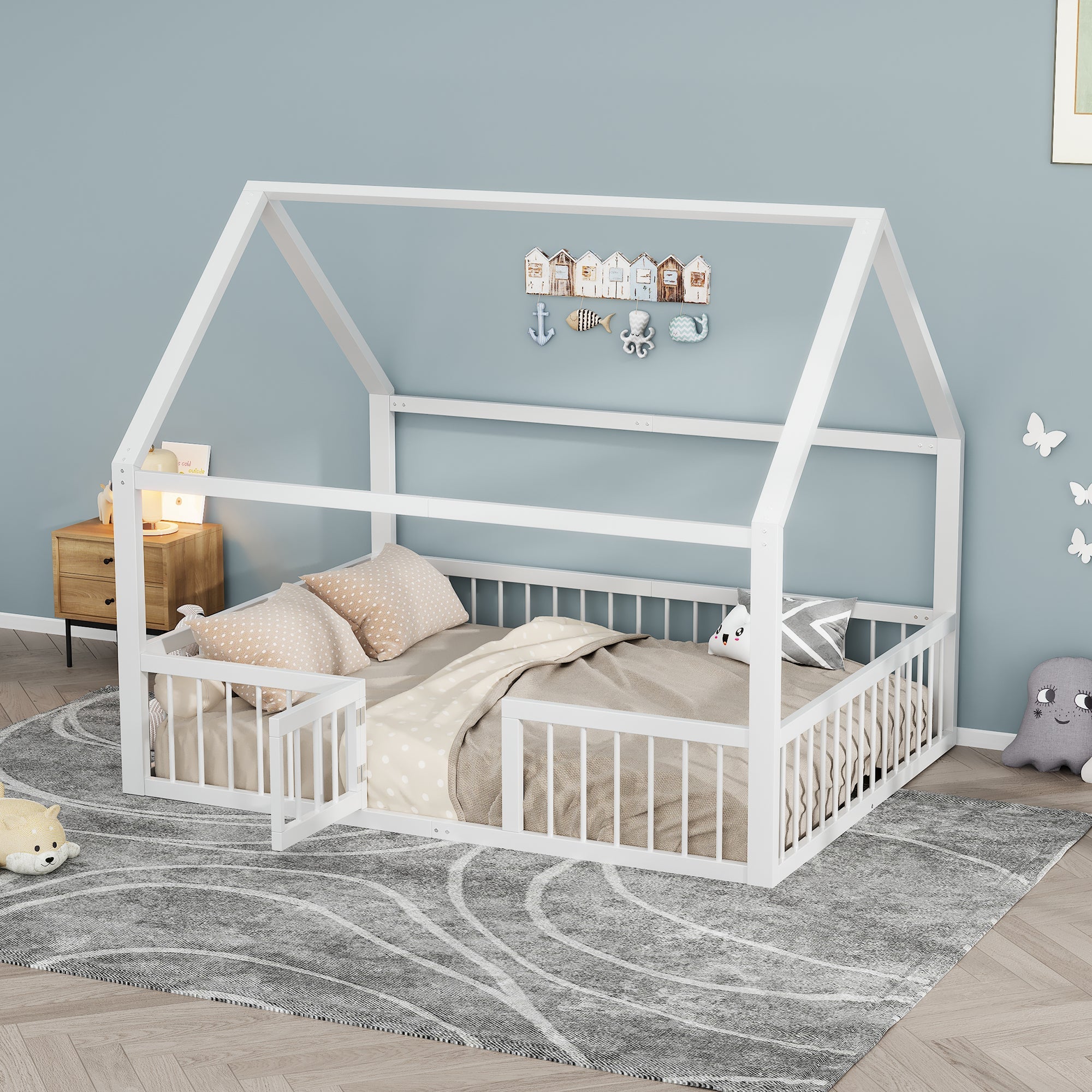 Children's Metal Bed 140x200cm House Design with Railing - White