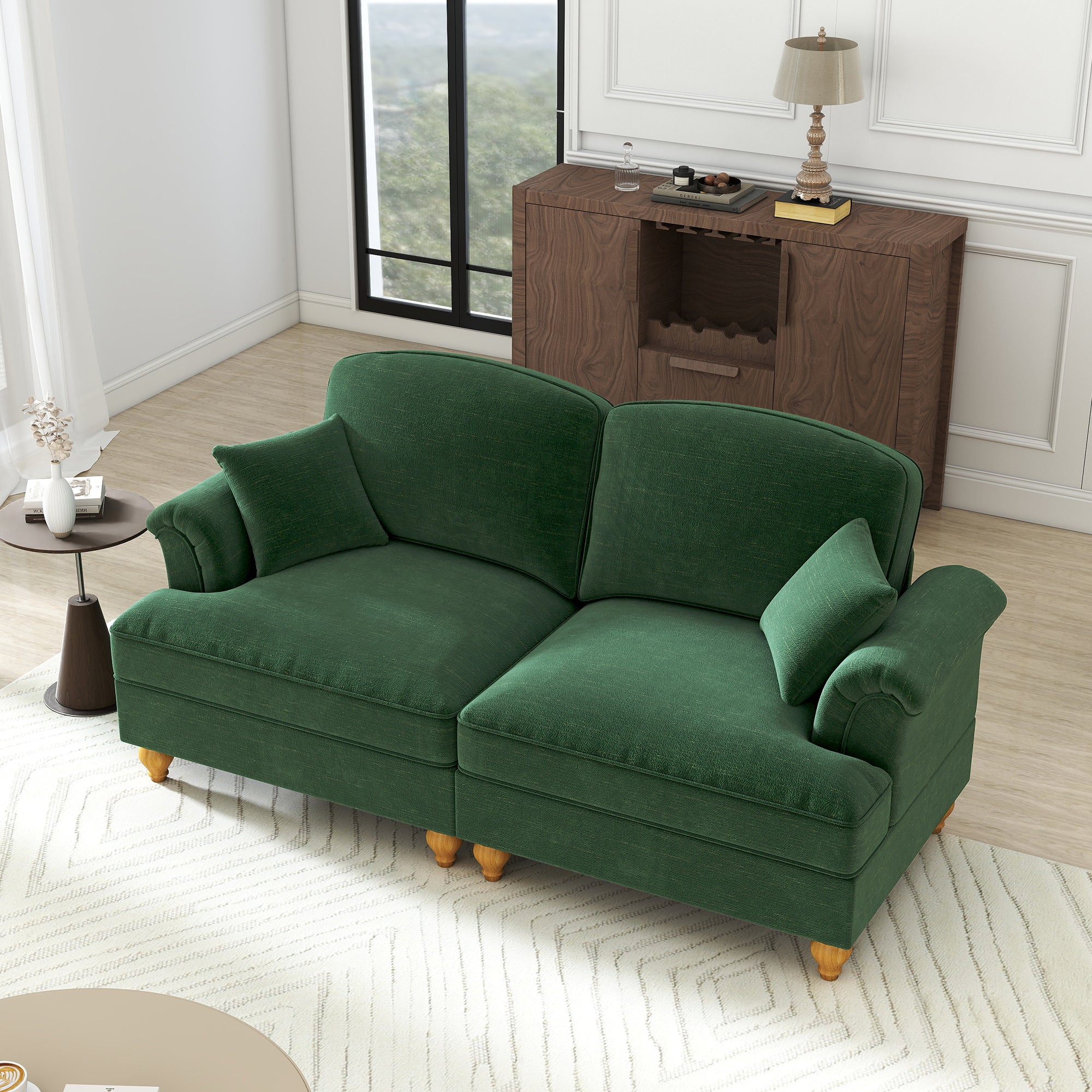 2-Seater Sofa Mid-Century Modern Flared Armrests Wooden Legs - Chenille Green