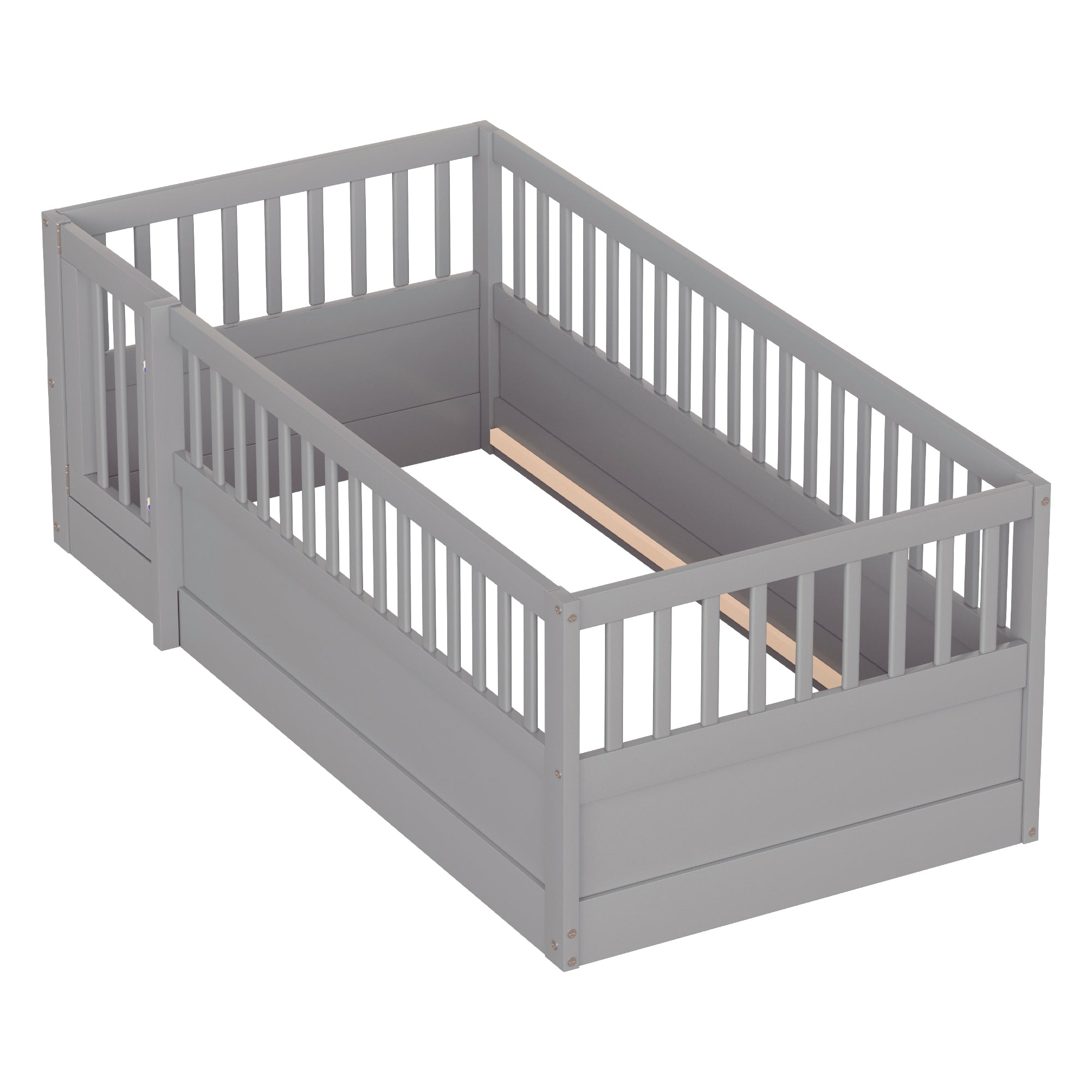 Children's Bed 90x200cm with Railing and Door, Wood, Grey
