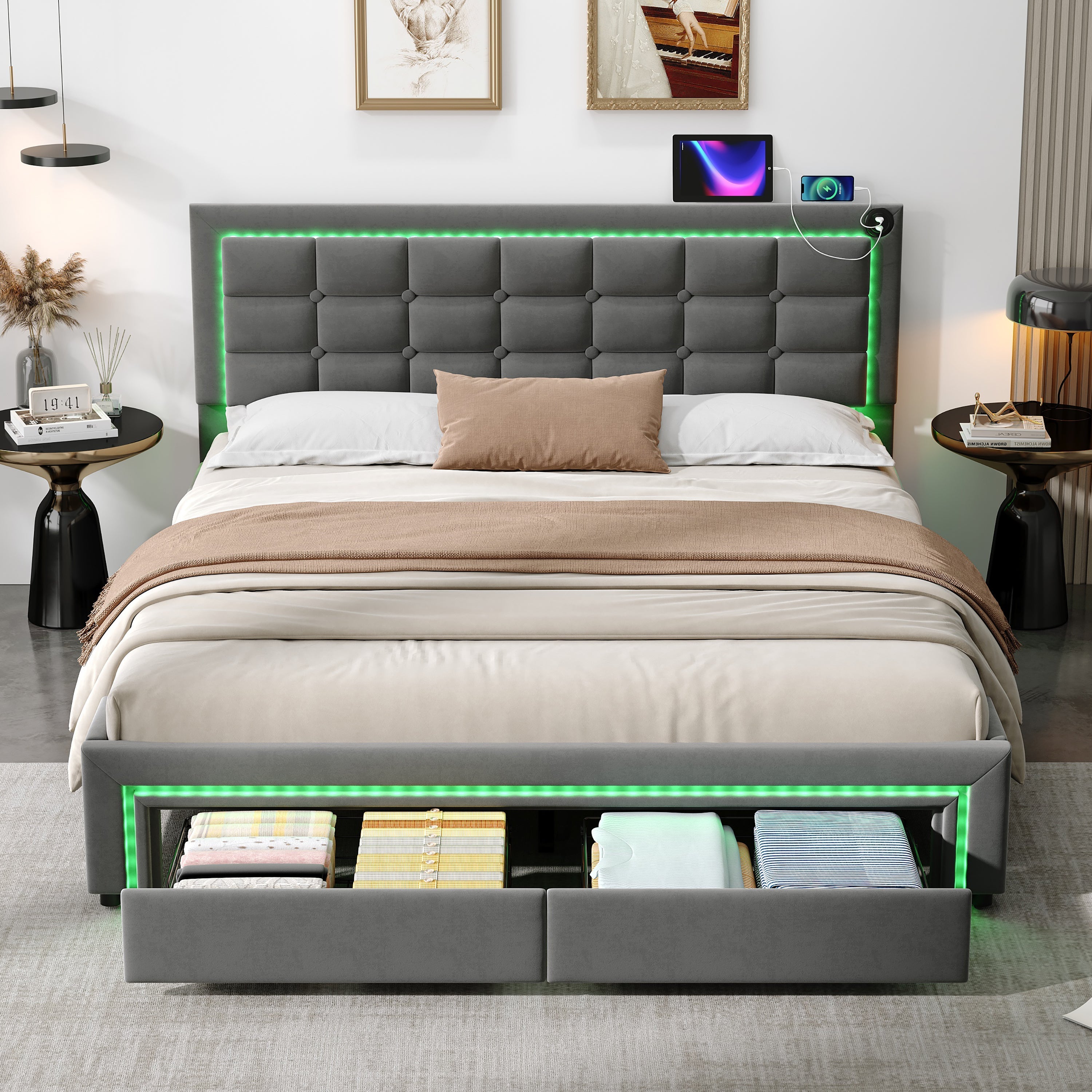 4ft6 Double Upholstered Bed Frame, Hydraulic Storage, LED Headboard, Charging Station, Grey Velvet
