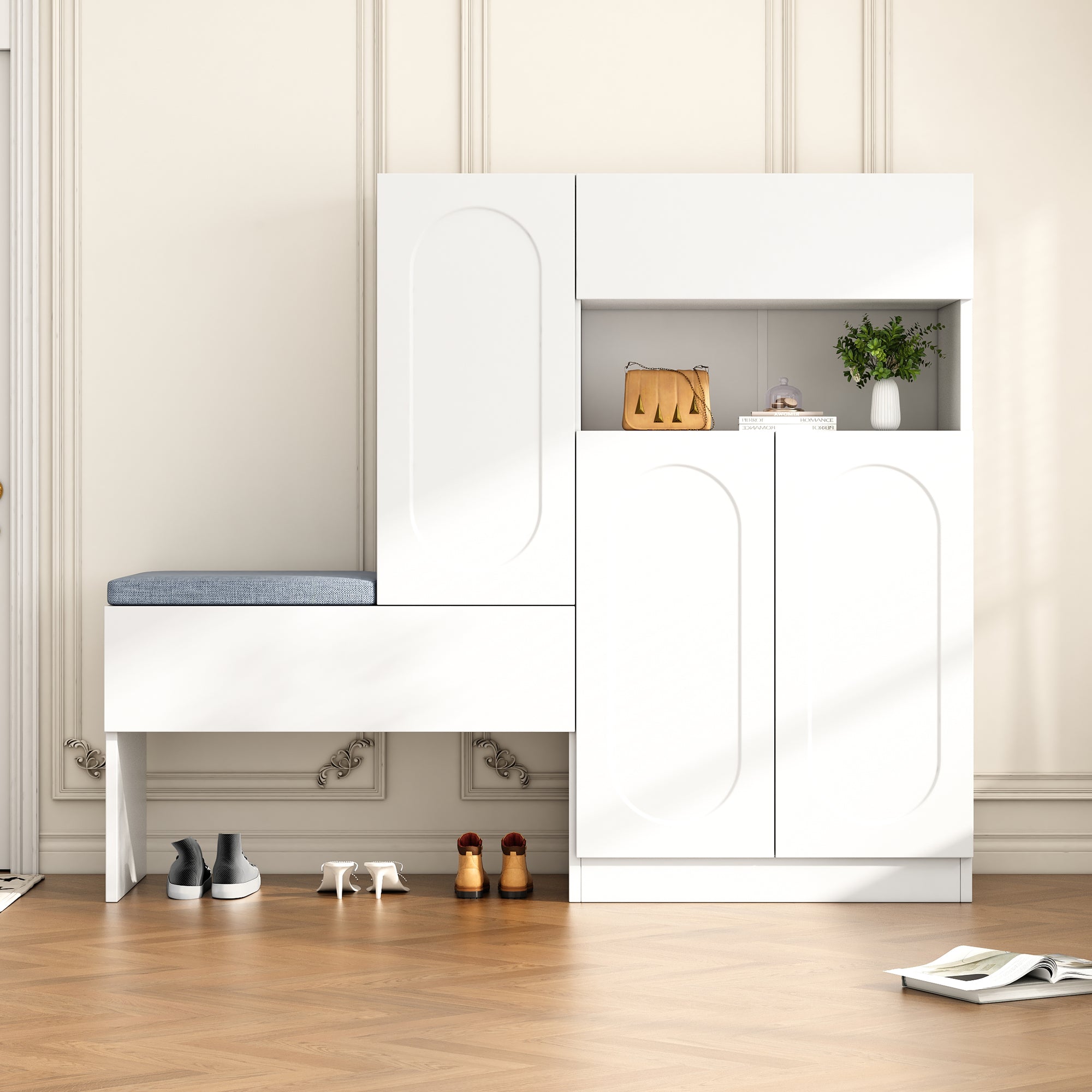 Trendy 2-in-1 Shoe Cabinet with Curved Doors, Soft-Close, Adjustable Compartments, Upholstered Bench, White
