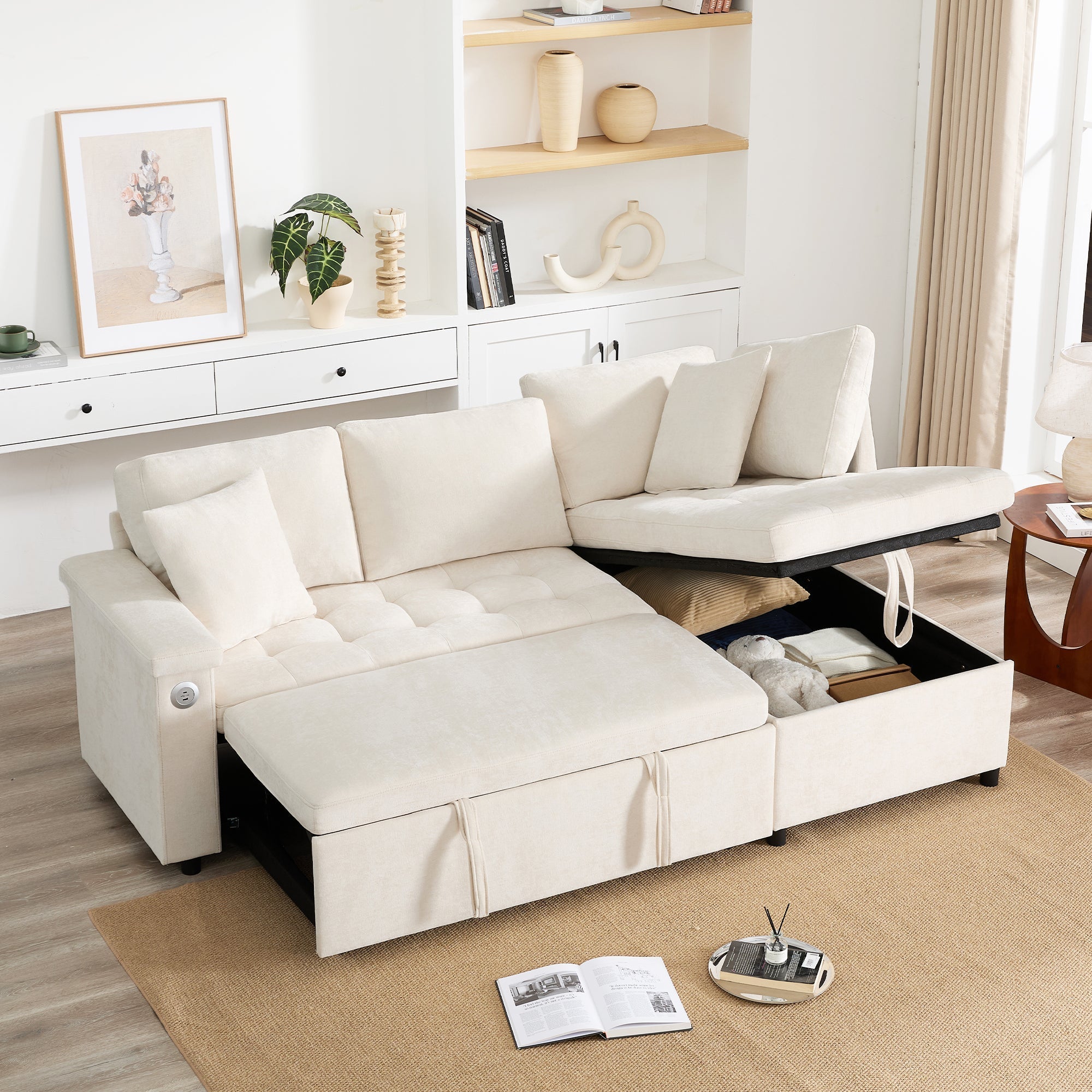 Modern L-shaped Sofa Bed with Storage, USB Charger, and Cushions, Beige