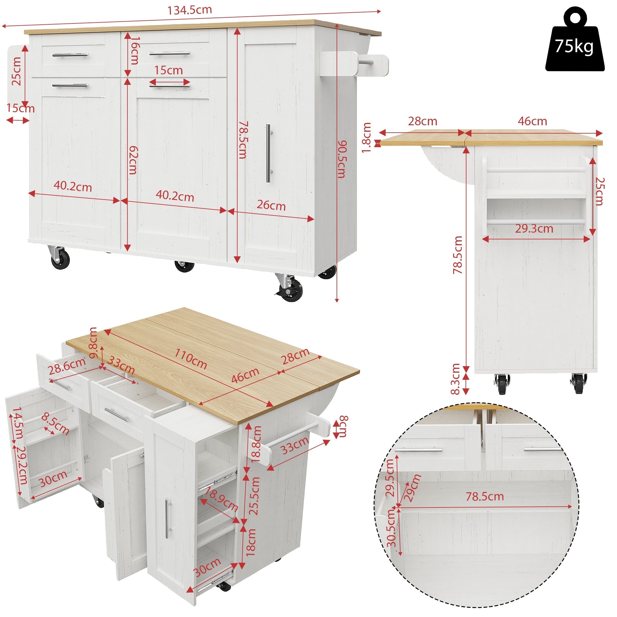 Modern Kitchen Island Cabinet, Buffet Dining Cart with Storage, White