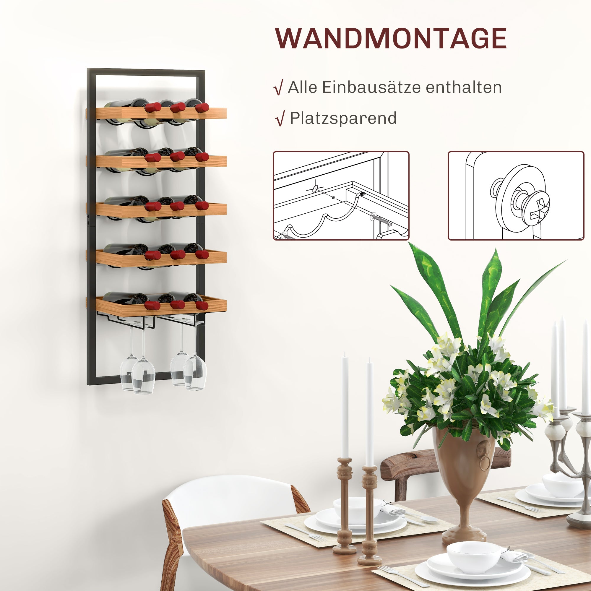 Wall-Mounted Wine Rack, 5 Tiers, 15 Bottles 4 Glasses, Pinewood Steel