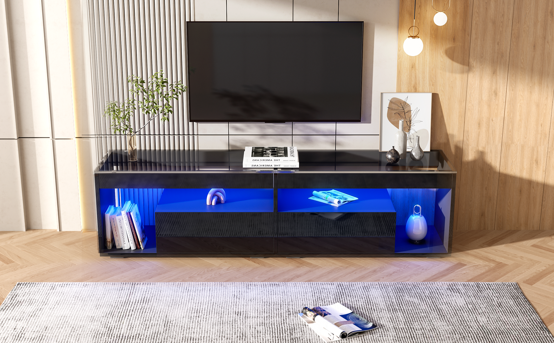 TV Cabinet, LED High-Gloss 70-inch with 2 Drawers, Black