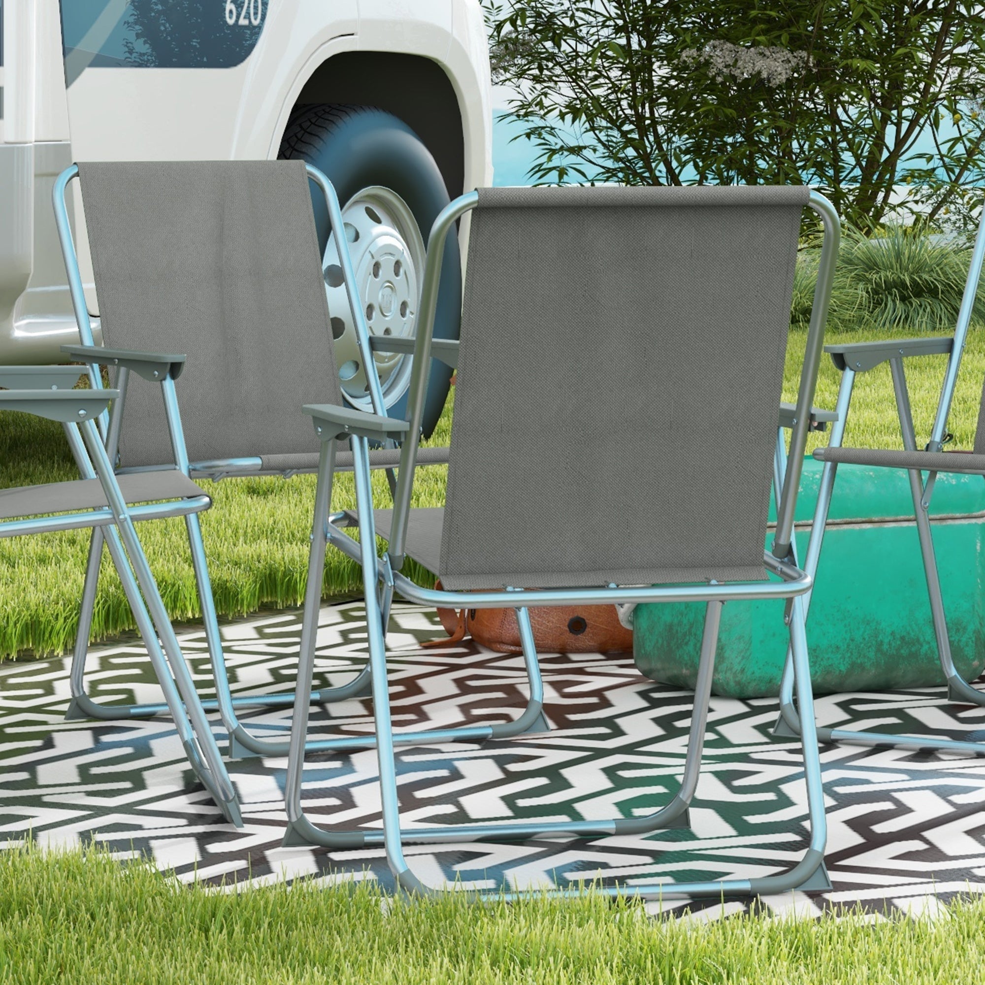 Folding Chair Set of 4, Foldable Garden Camping with Backrest Armrest, Oxford Grey