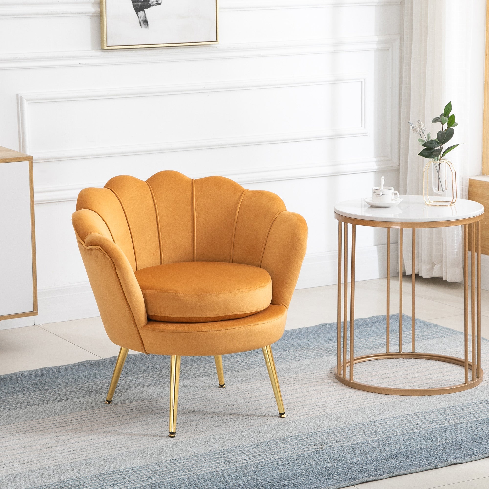 Armchair Upholstered, Shell Shape Relaxing, Metal Legs, Velvet, Yellow