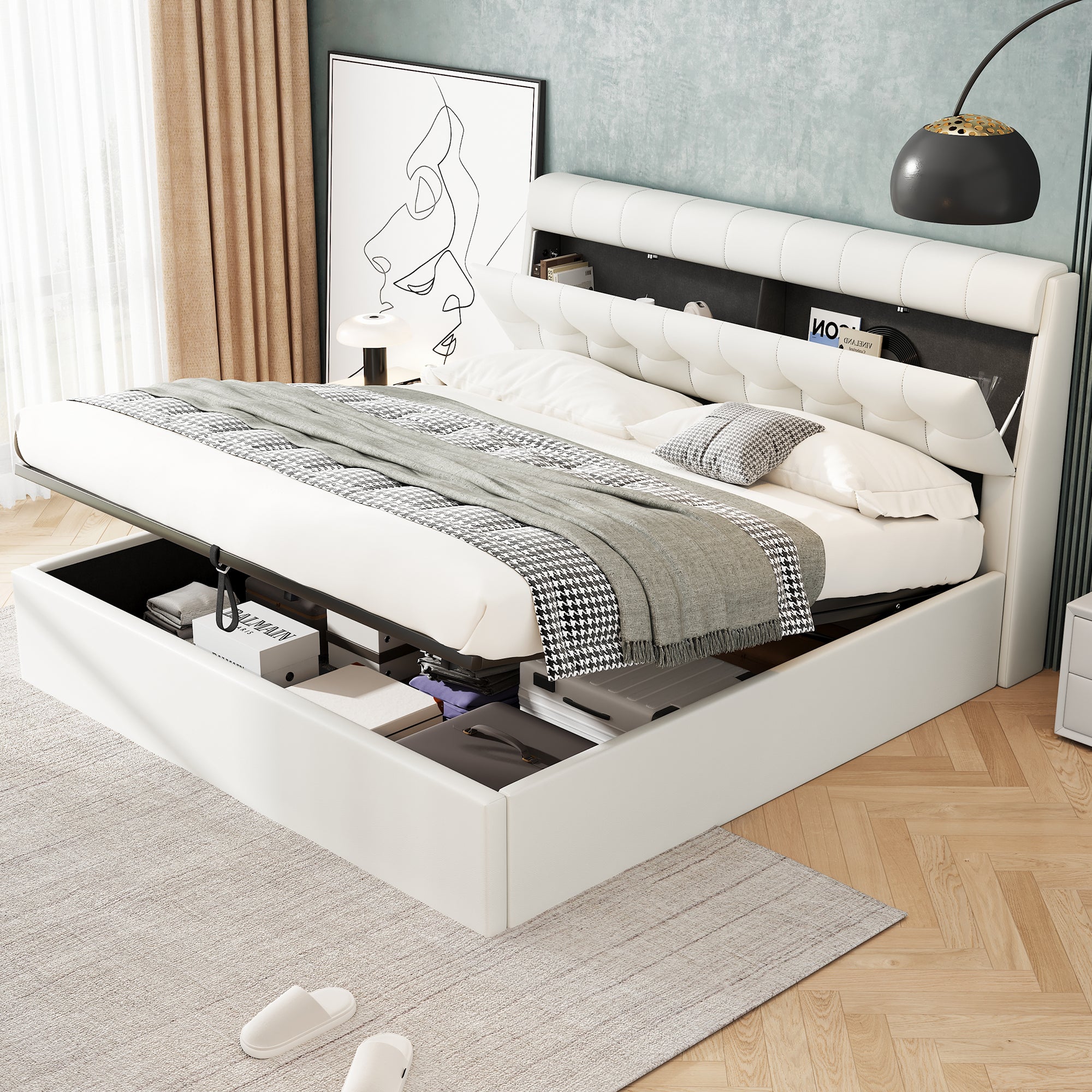 Stylish Upholstered Bed 140x200 Hydraulic Concealed Storage PU White
